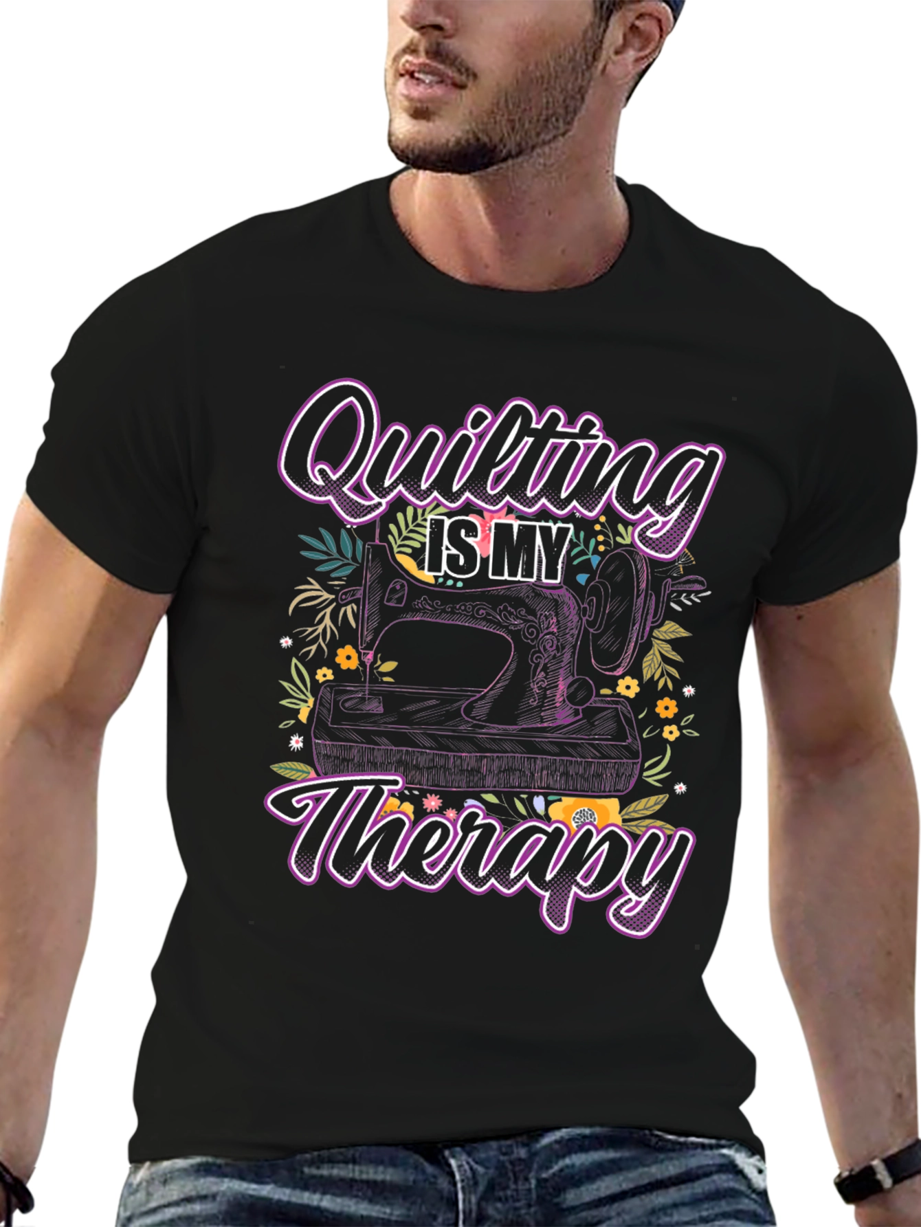 Quilting is My Therapy Black T-Shirt