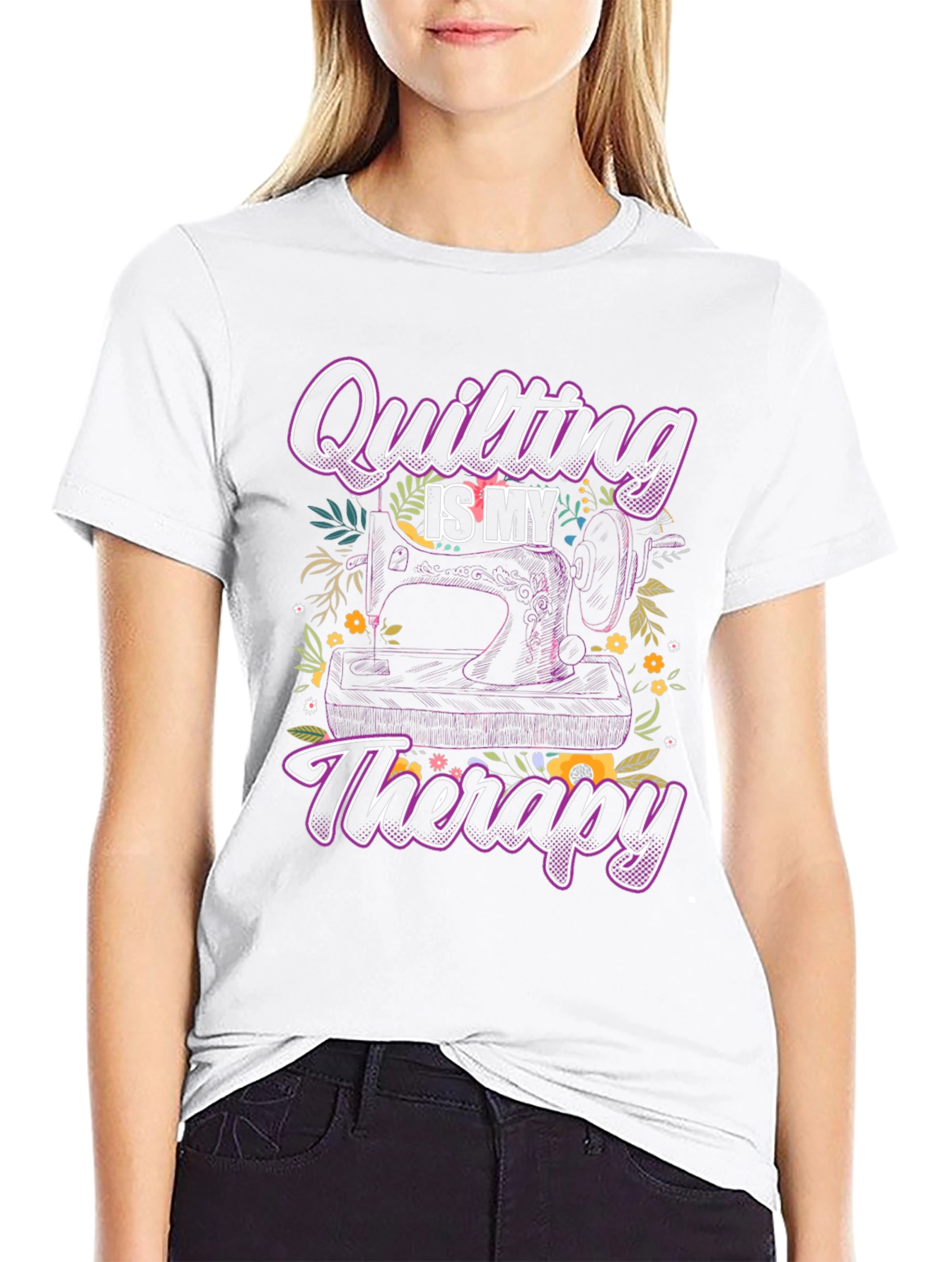 Quilting is My Therapy Black T-Shirt