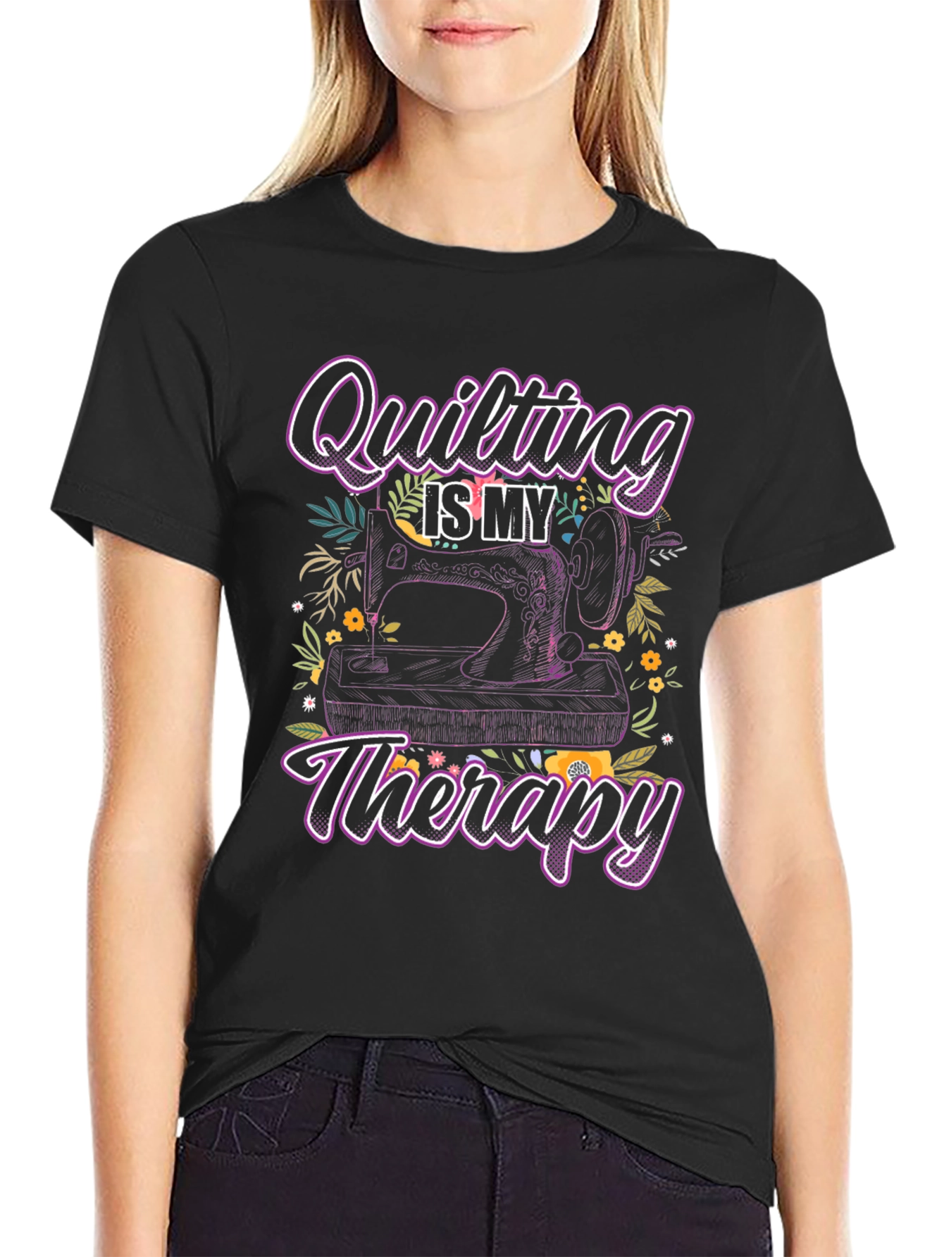 Quilting is My Therapy Black T-Shirt
