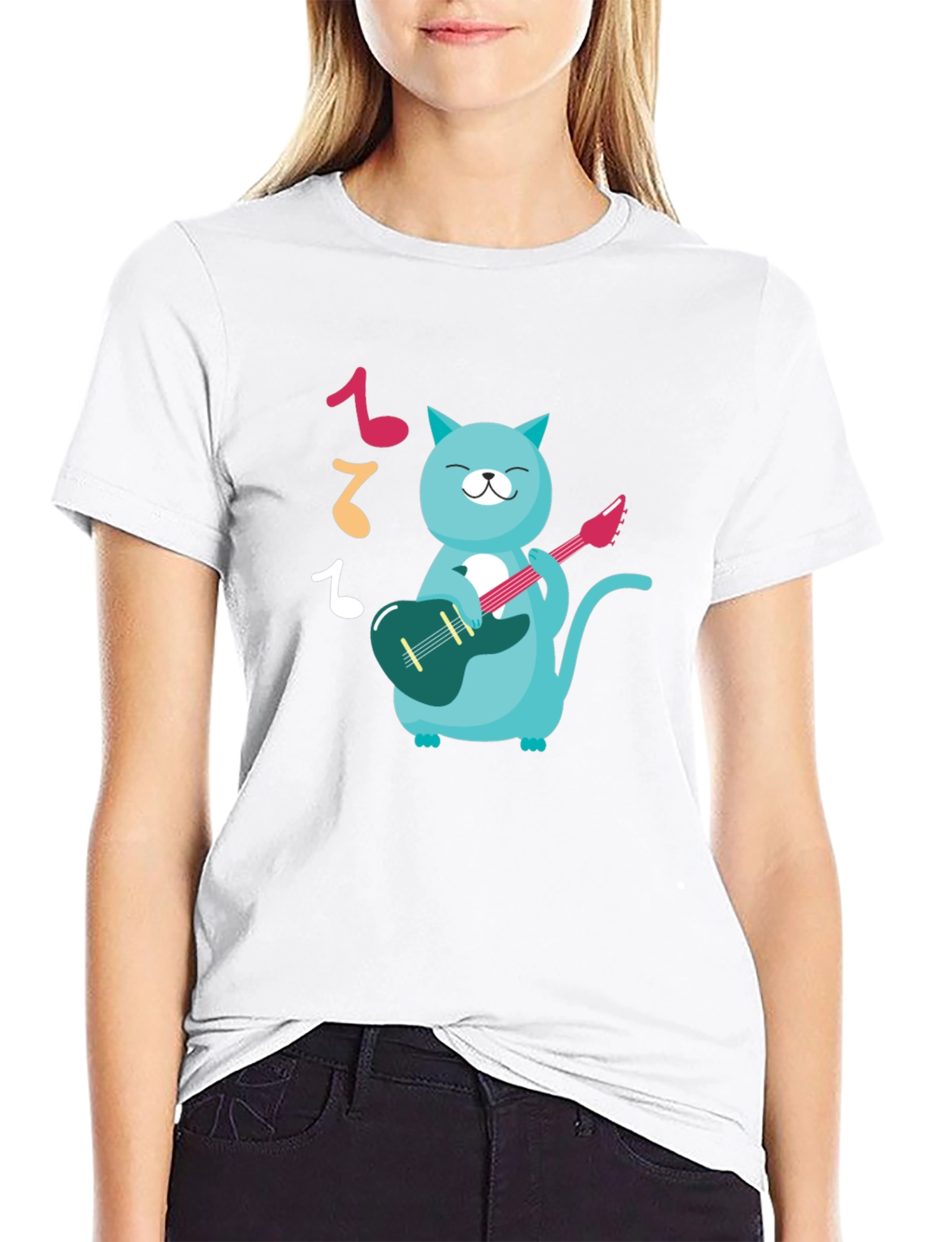 Cat Guitarist Graphic T-Shirt - Black Cotton Tee
