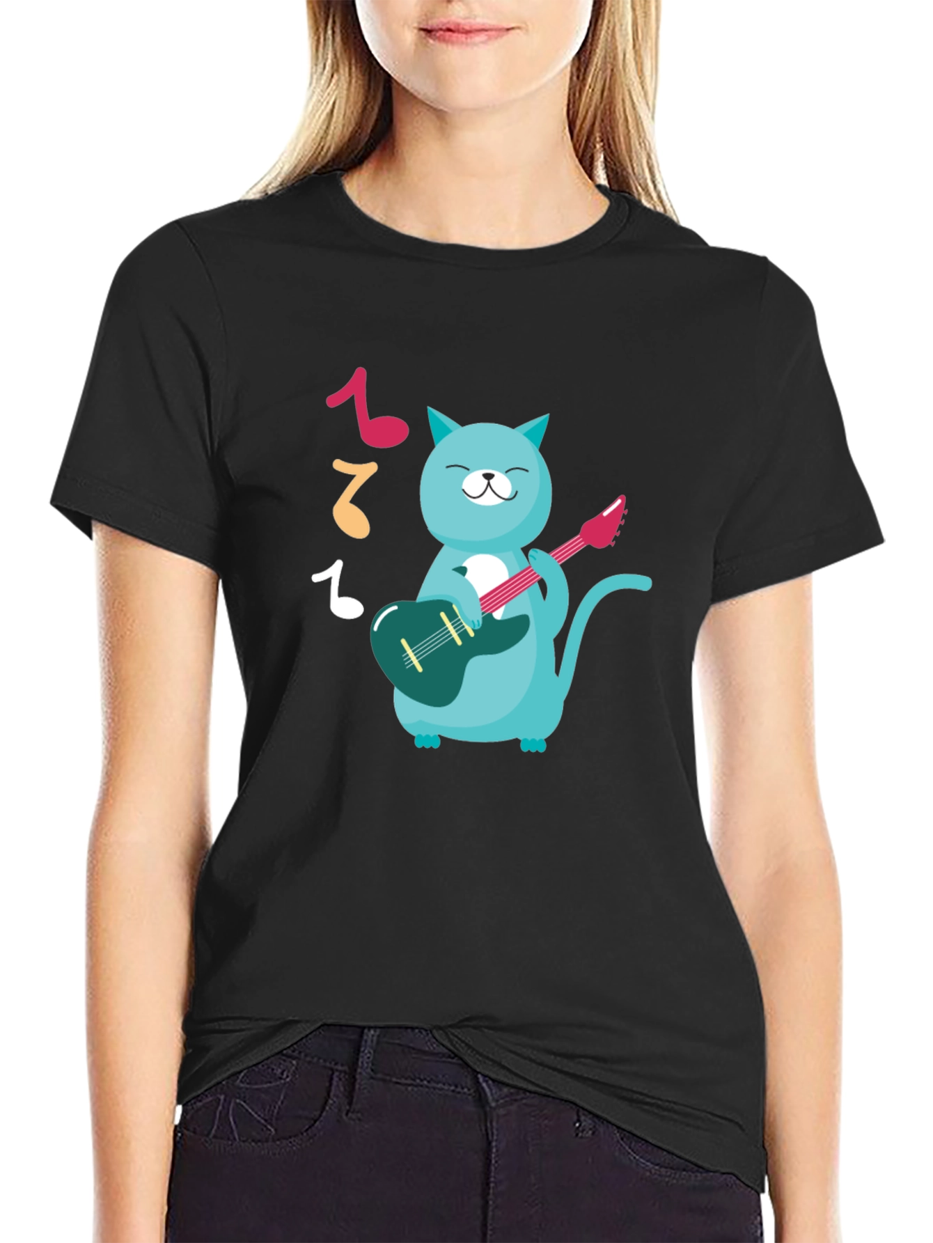 Cat Guitarist Graphic T-Shirt - Black Cotton Tee