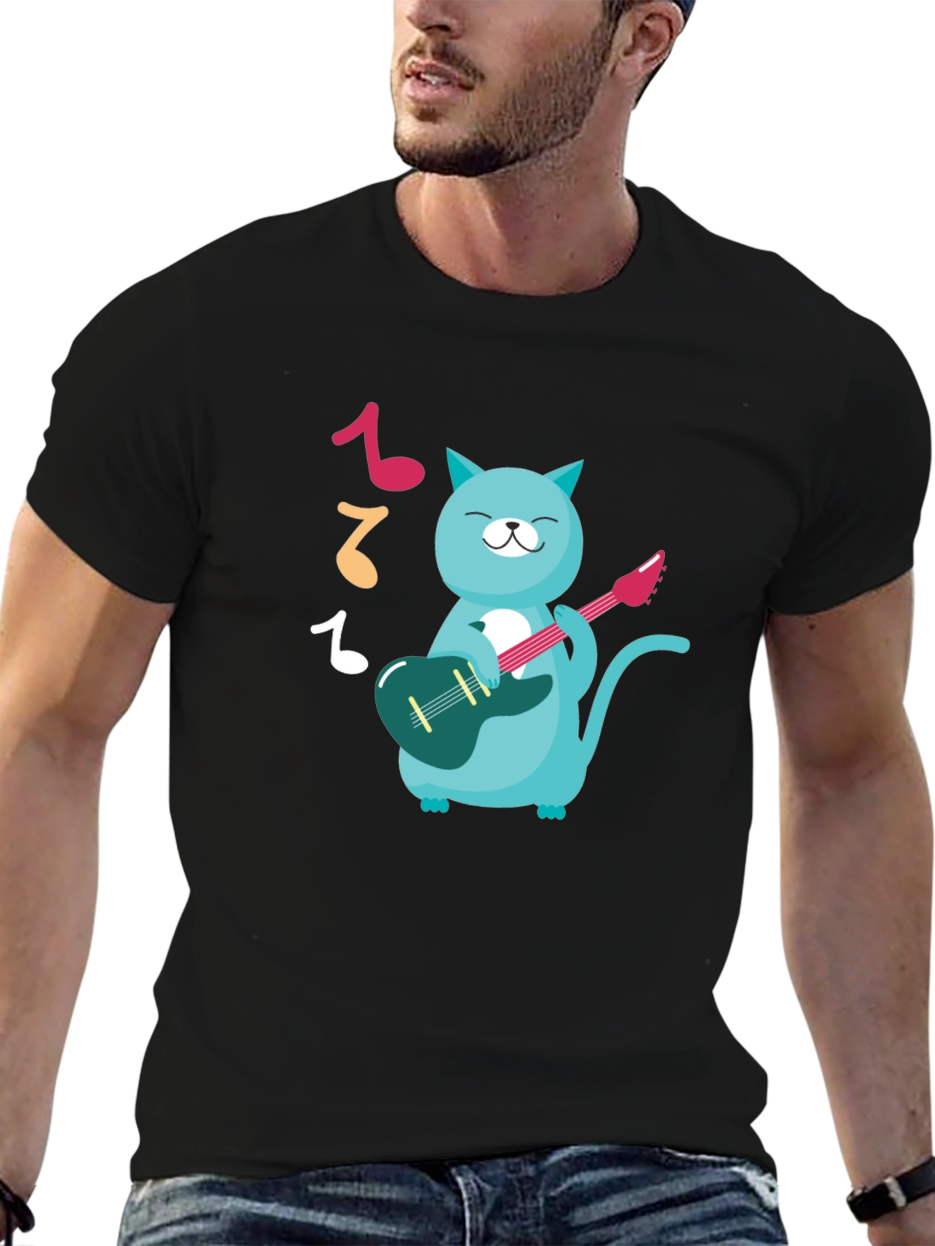 Cat Guitarist Graphic T-Shirt - Black Cotton Tee