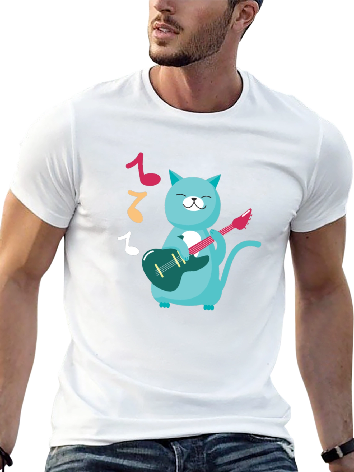 Cat Guitarist Graphic T-Shirt - Black Cotton Tee