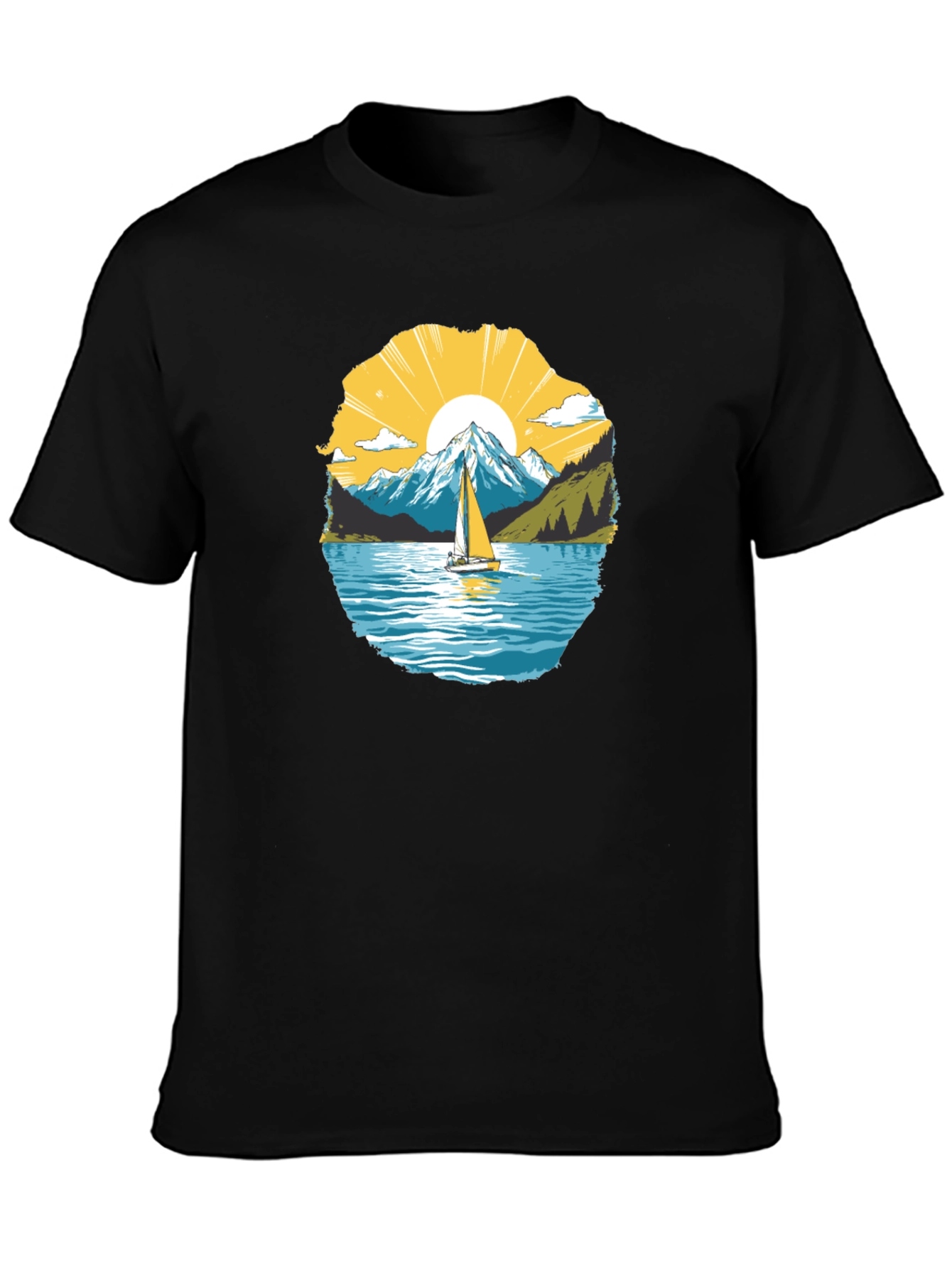 Scenic Sailboat Mountain Graphic Black T-Shirt