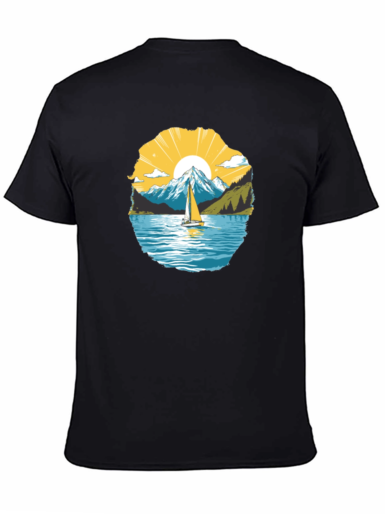 Scenic Sailboat Mountain Graphic Black T-Shirt