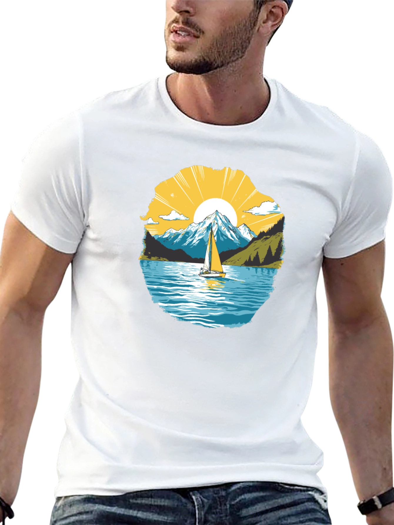 Scenic Sailboat Mountain Graphic Black T-Shirt