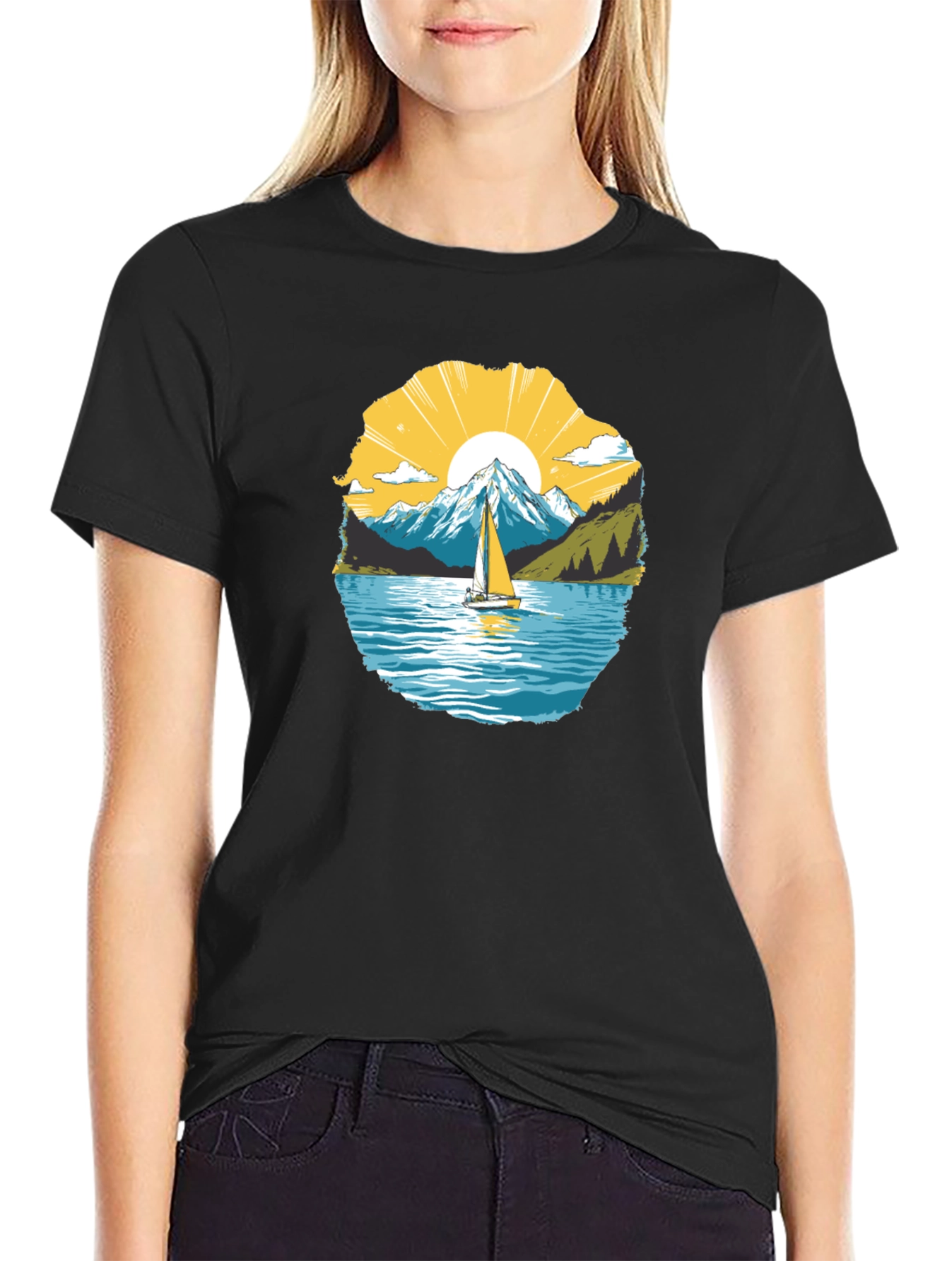 Scenic Sailboat Mountain Graphic Black T-Shirt
