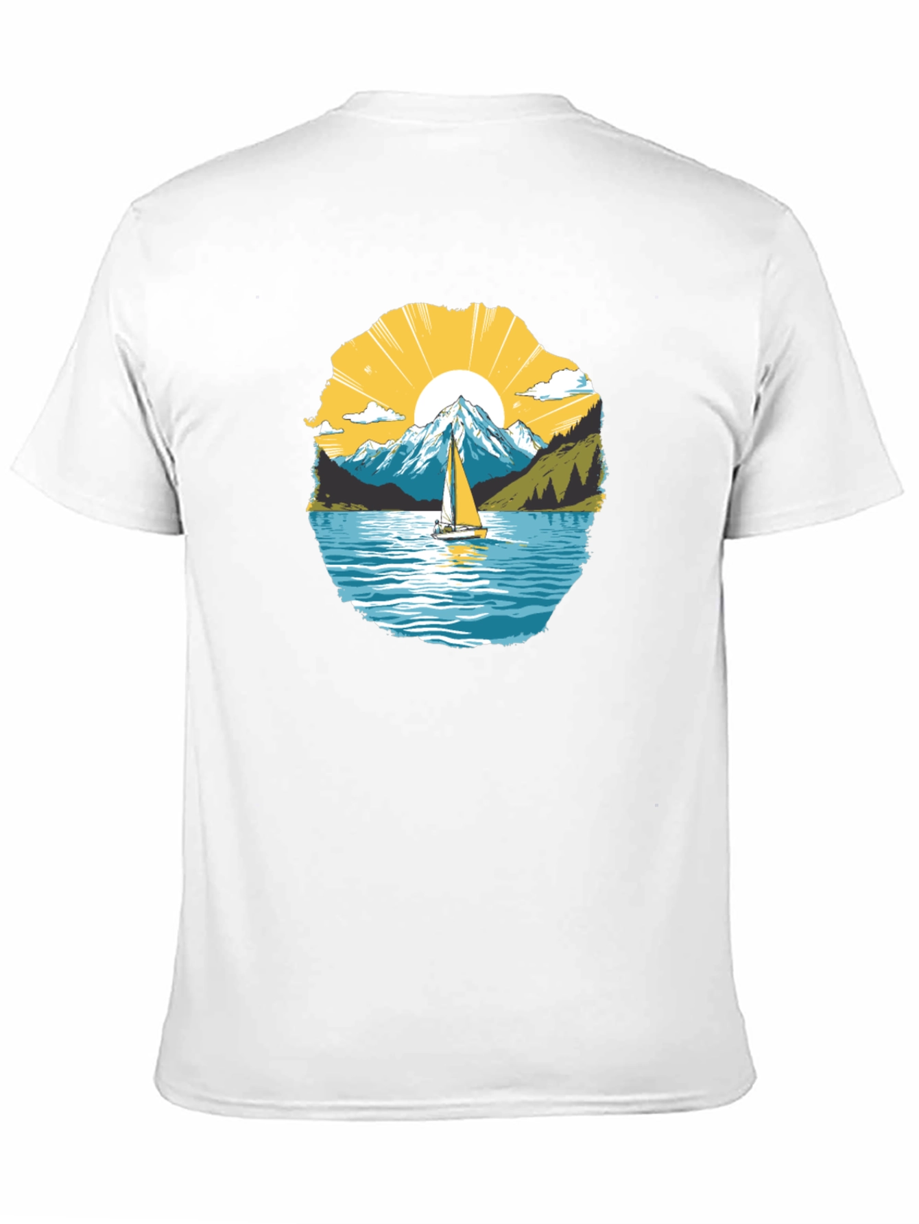 Scenic Sailboat Mountain Graphic Black T-Shirt