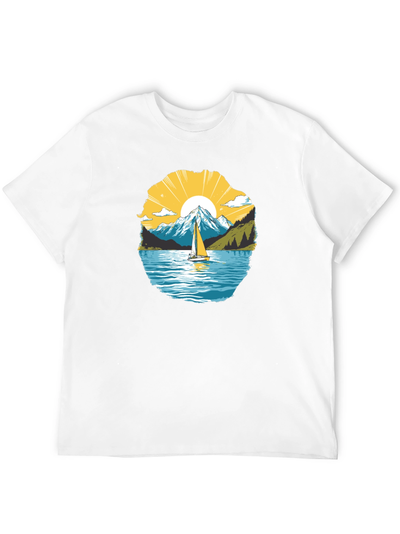 Scenic Sailboat Mountain Graphic Black T-Shirt