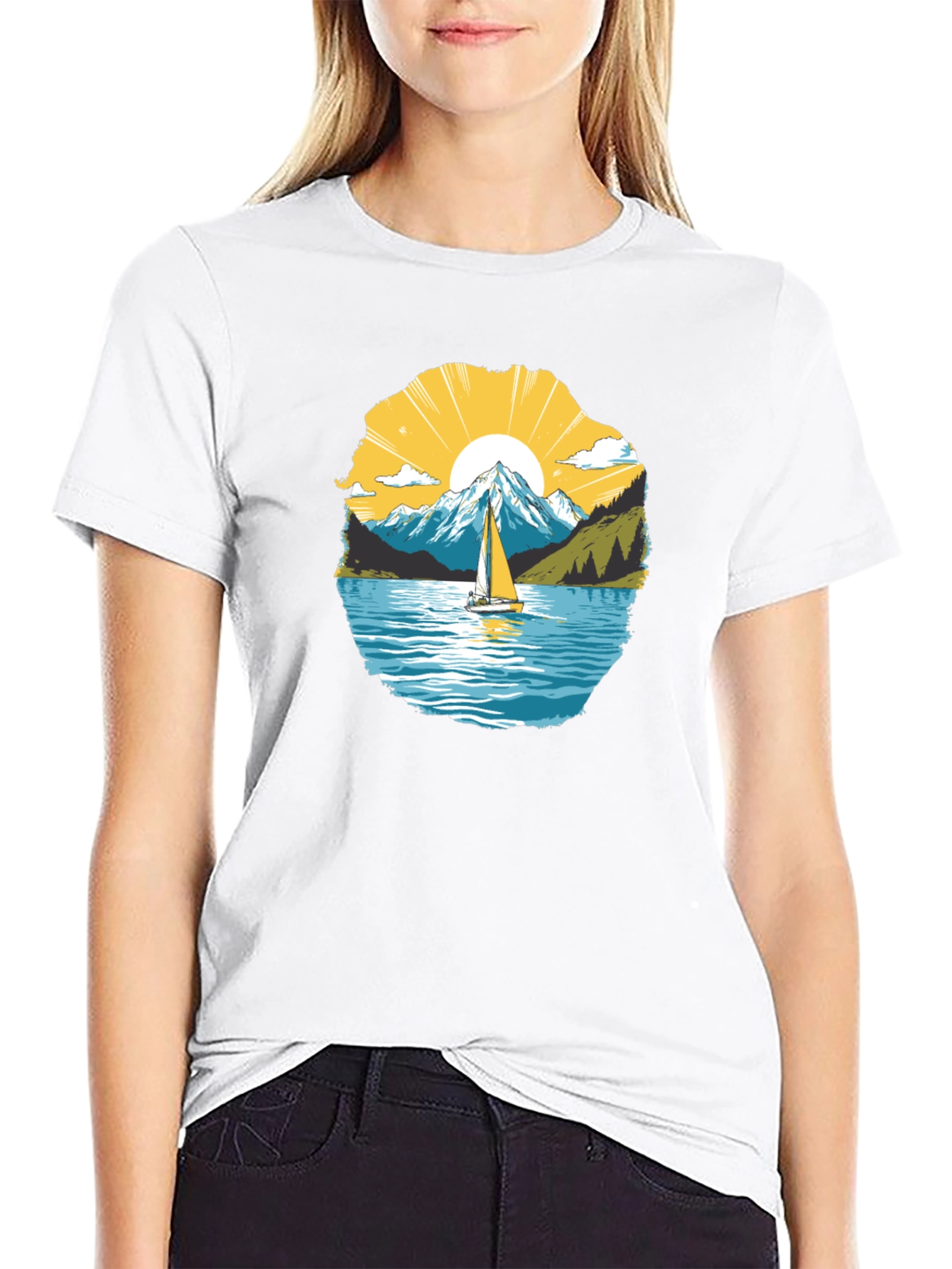 Scenic Sailboat Mountain Graphic Black T-Shirt