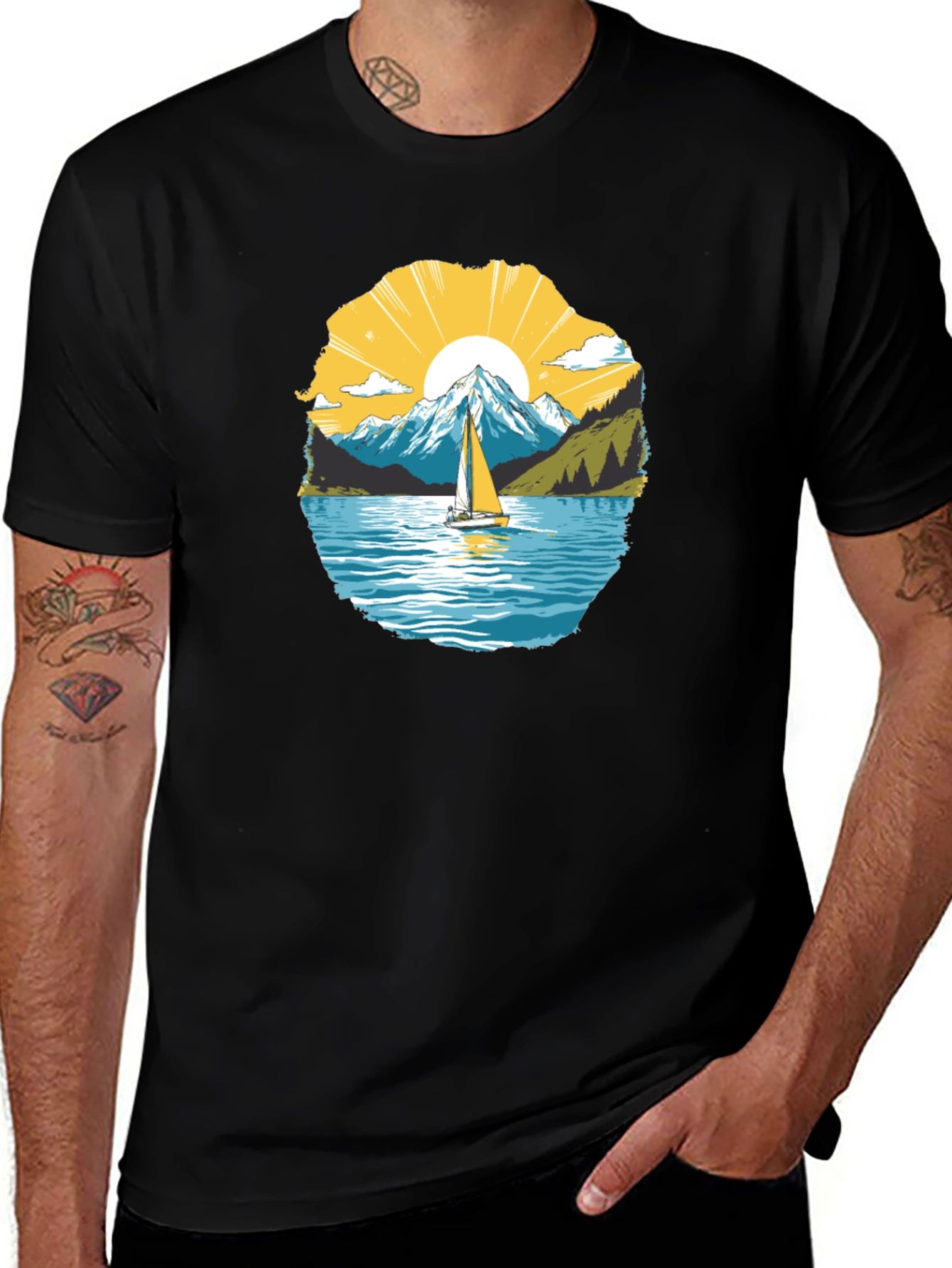Scenic Sailboat Mountain Graphic Black T-Shirt