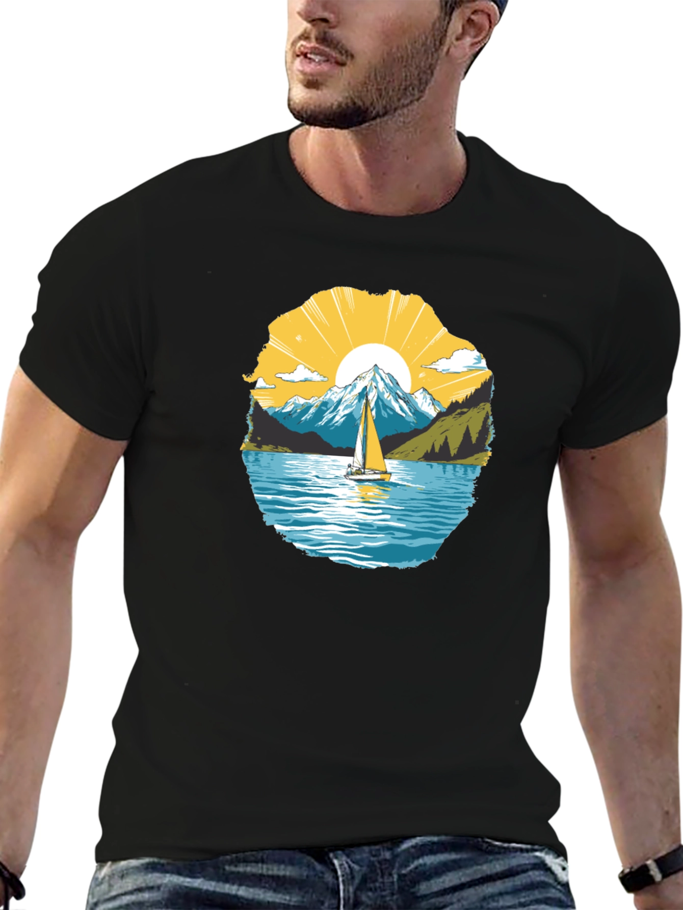 Scenic Sailboat Mountain Graphic Black T-Shirt