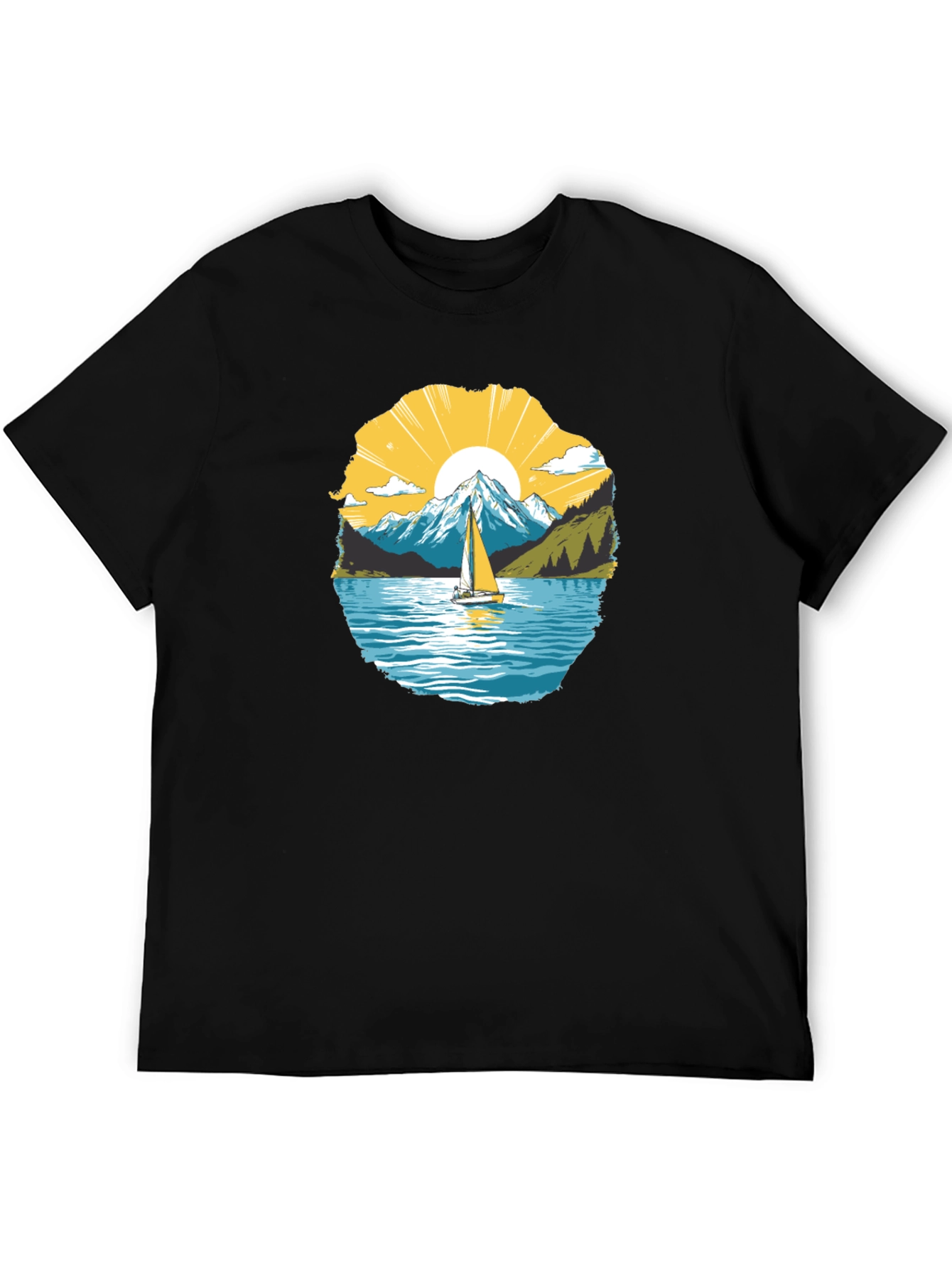 Scenic Sailboat Mountain Graphic Black T-Shirt