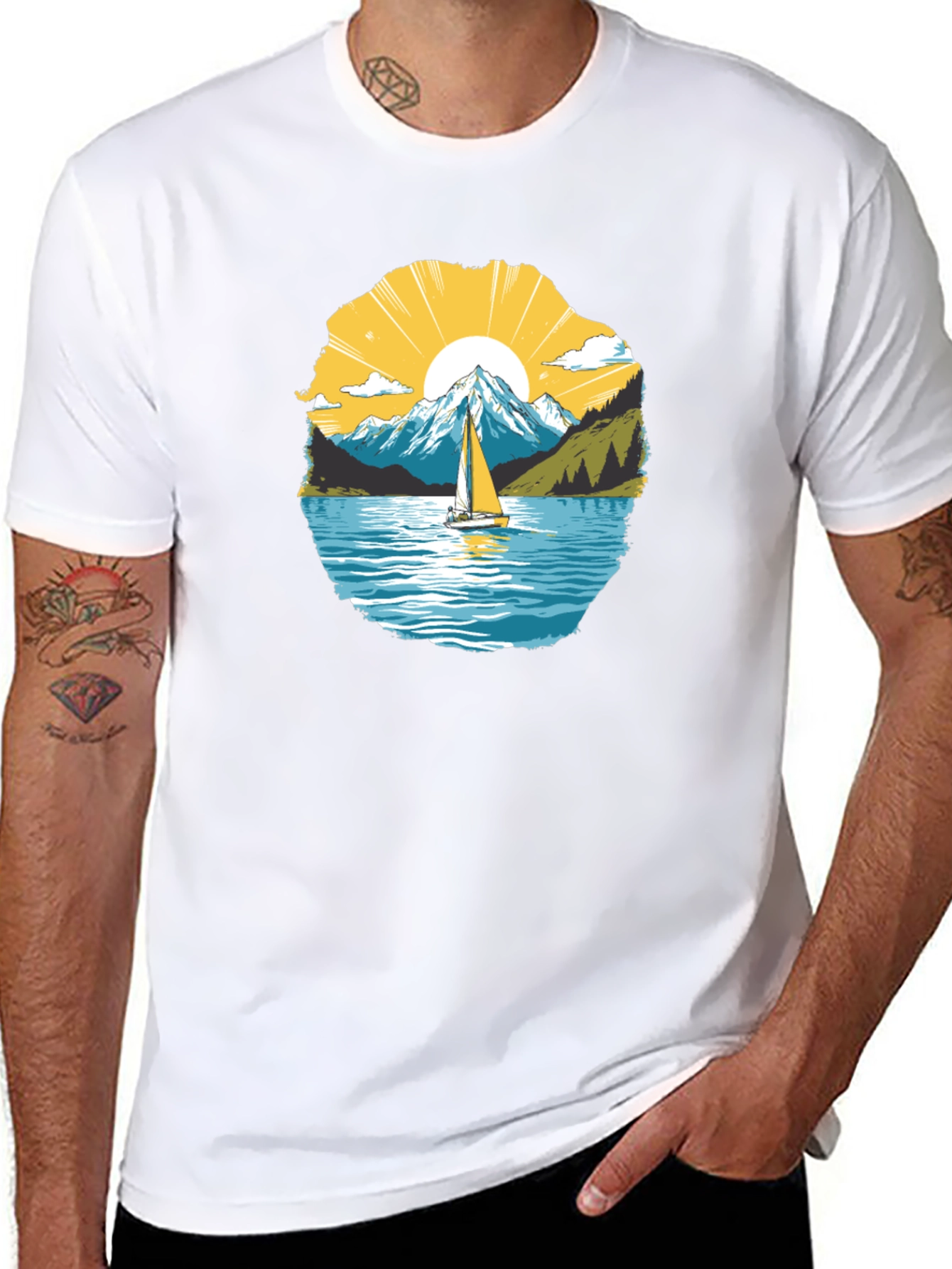 Scenic Sailboat Mountain Graphic Black T-Shirt