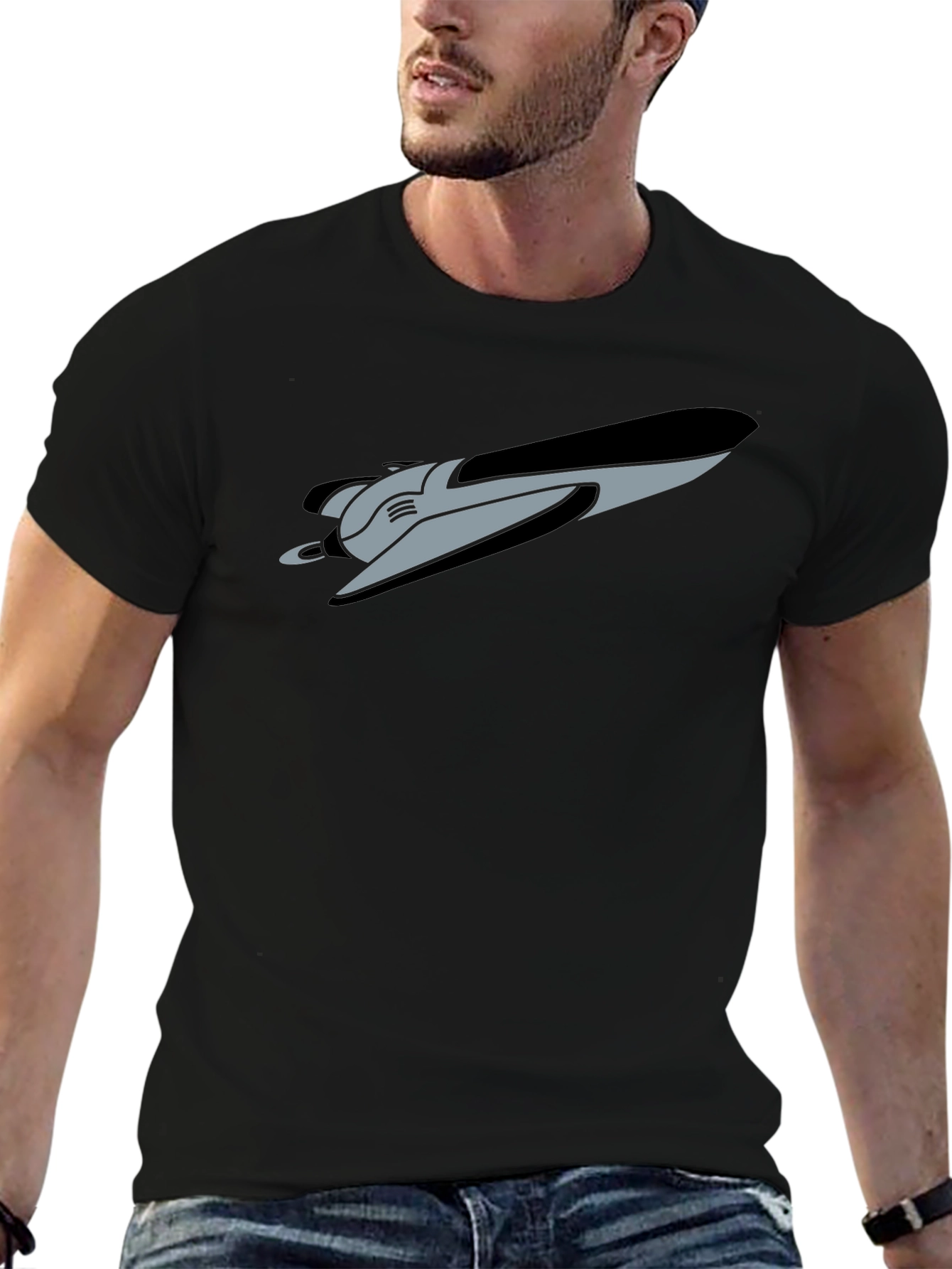 Retro Spaceship Graphic Tee - Black Cotton Blend