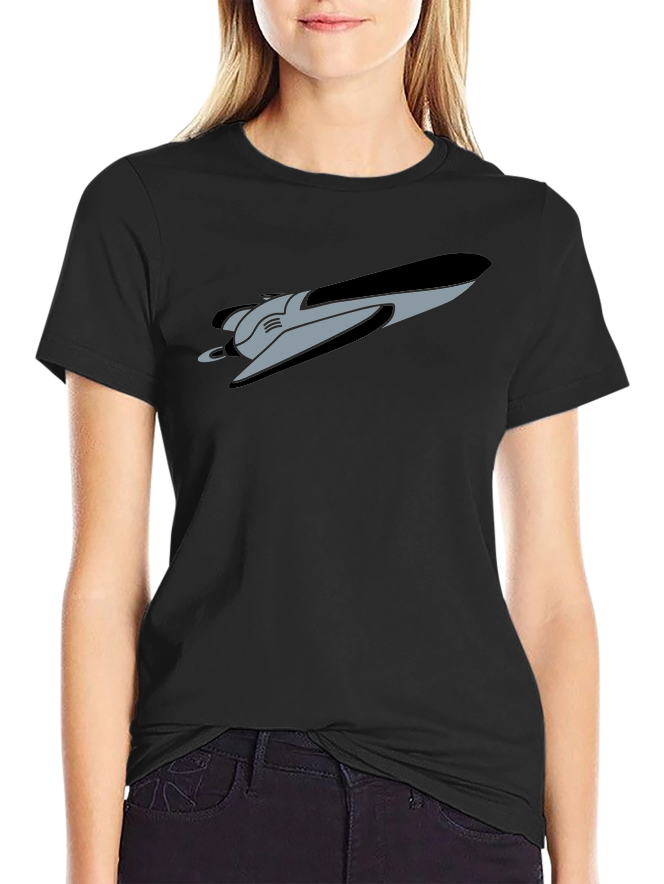 Retro Spaceship Graphic Tee - Black Cotton Blend
