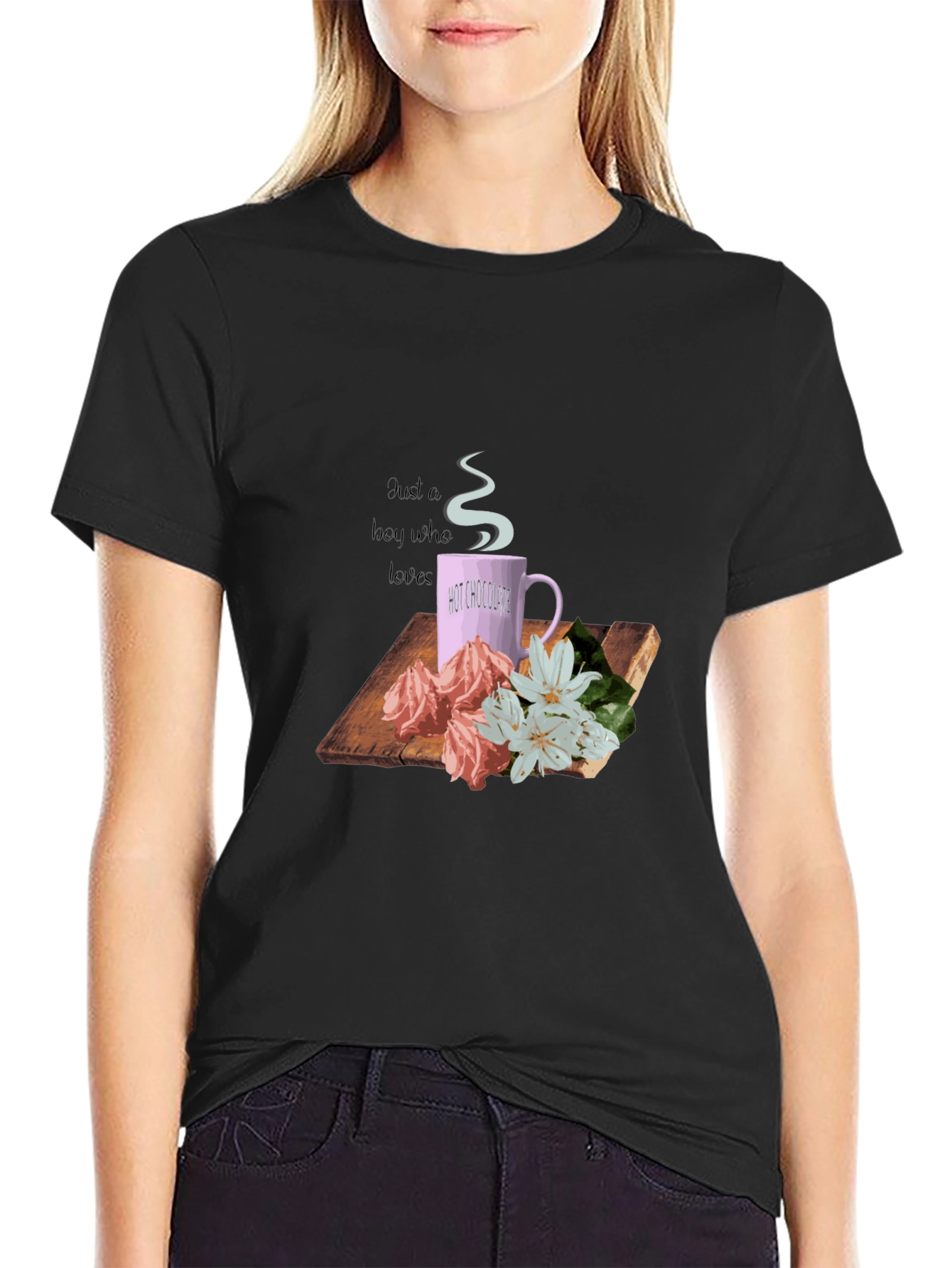 Hot Chocolate & Flowers Graphic Tee - Black