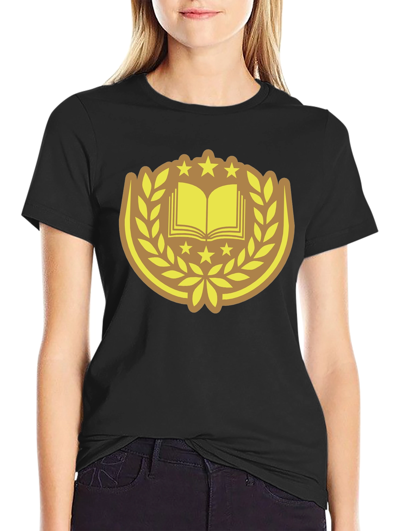 Black T-Shirt with Book & Laurel Design
