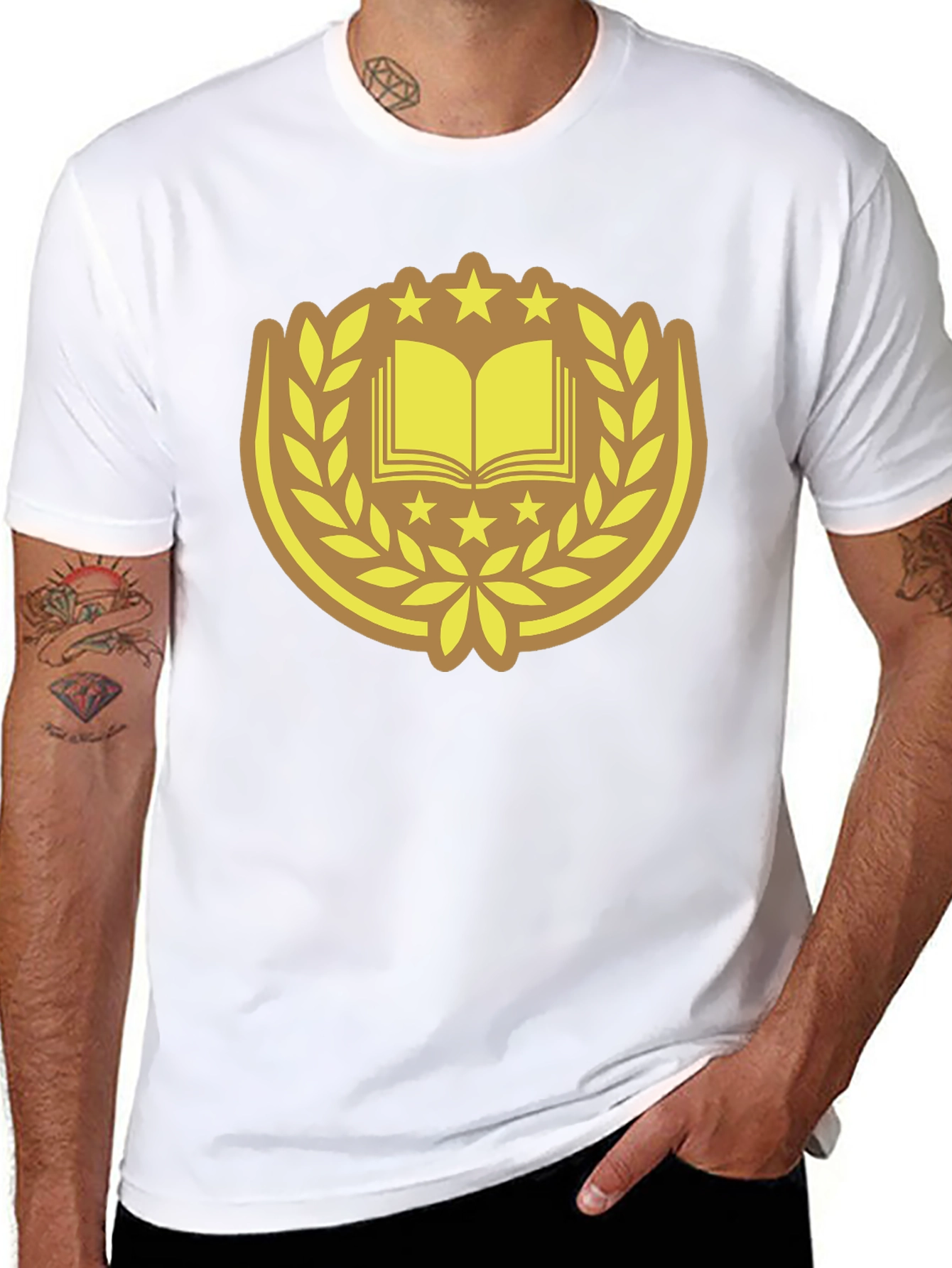 Black T-Shirt with Book & Laurel Design