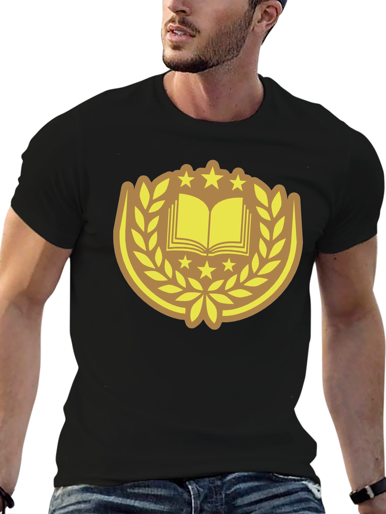 Black T-Shirt with Book & Laurel Design