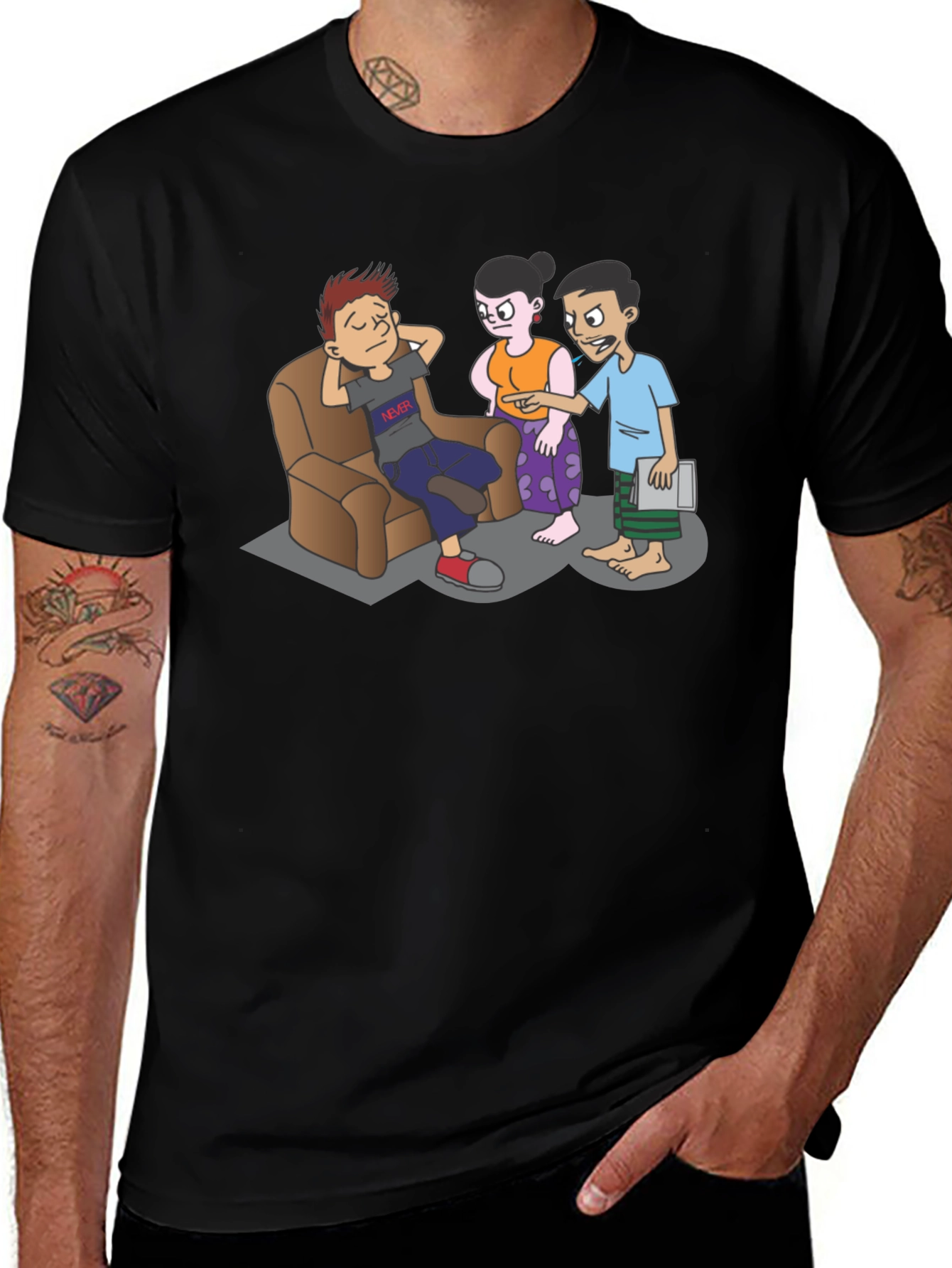 Cartoon Family Drama Black T-Shirt