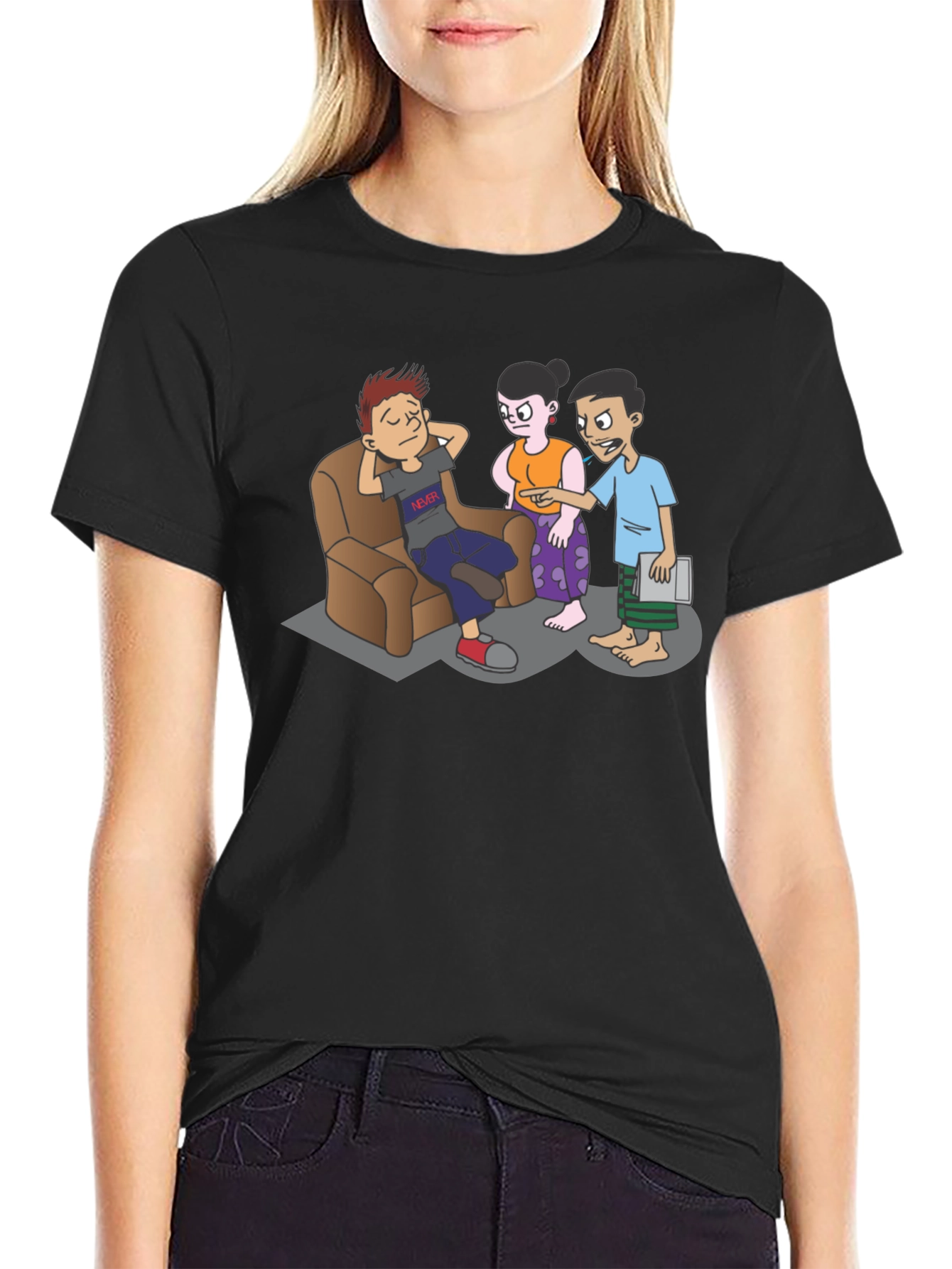 Cartoon Family Drama Black T-Shirt