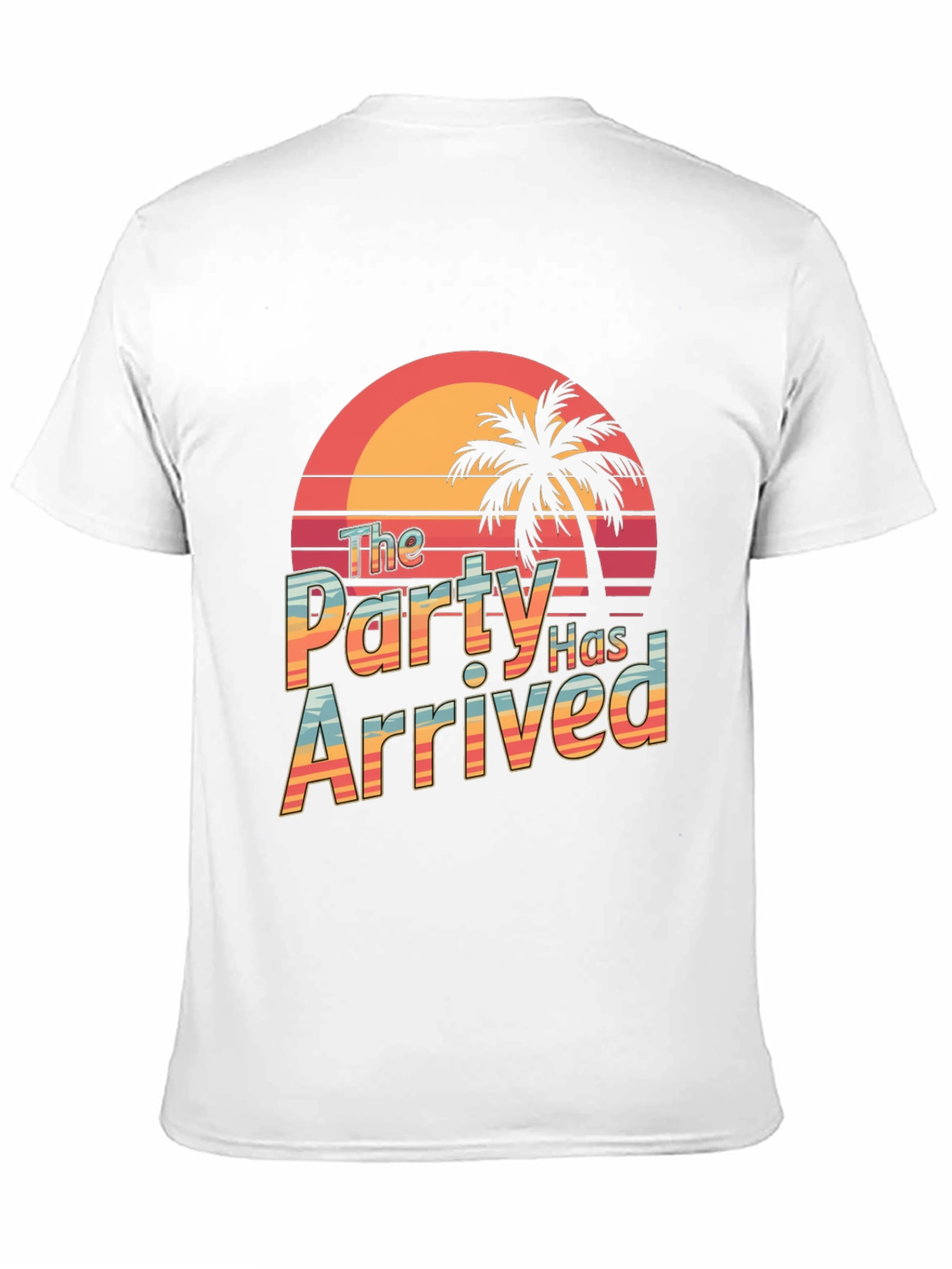 Party Has Arrived Black T-Shirt: Tropical Sunset Design