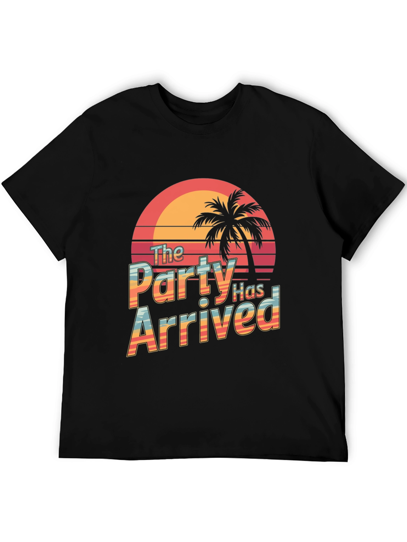 Party Has Arrived Black T-Shirt: Tropical Sunset Design