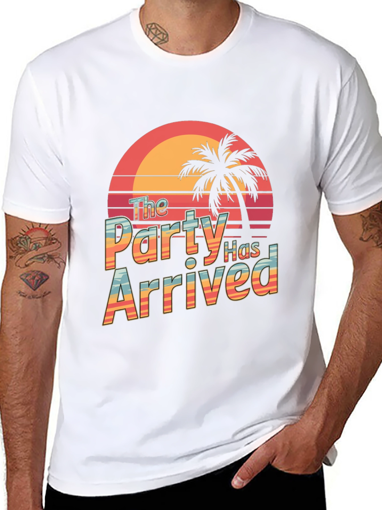 Party Has Arrived Black T-Shirt: Tropical Sunset Design
