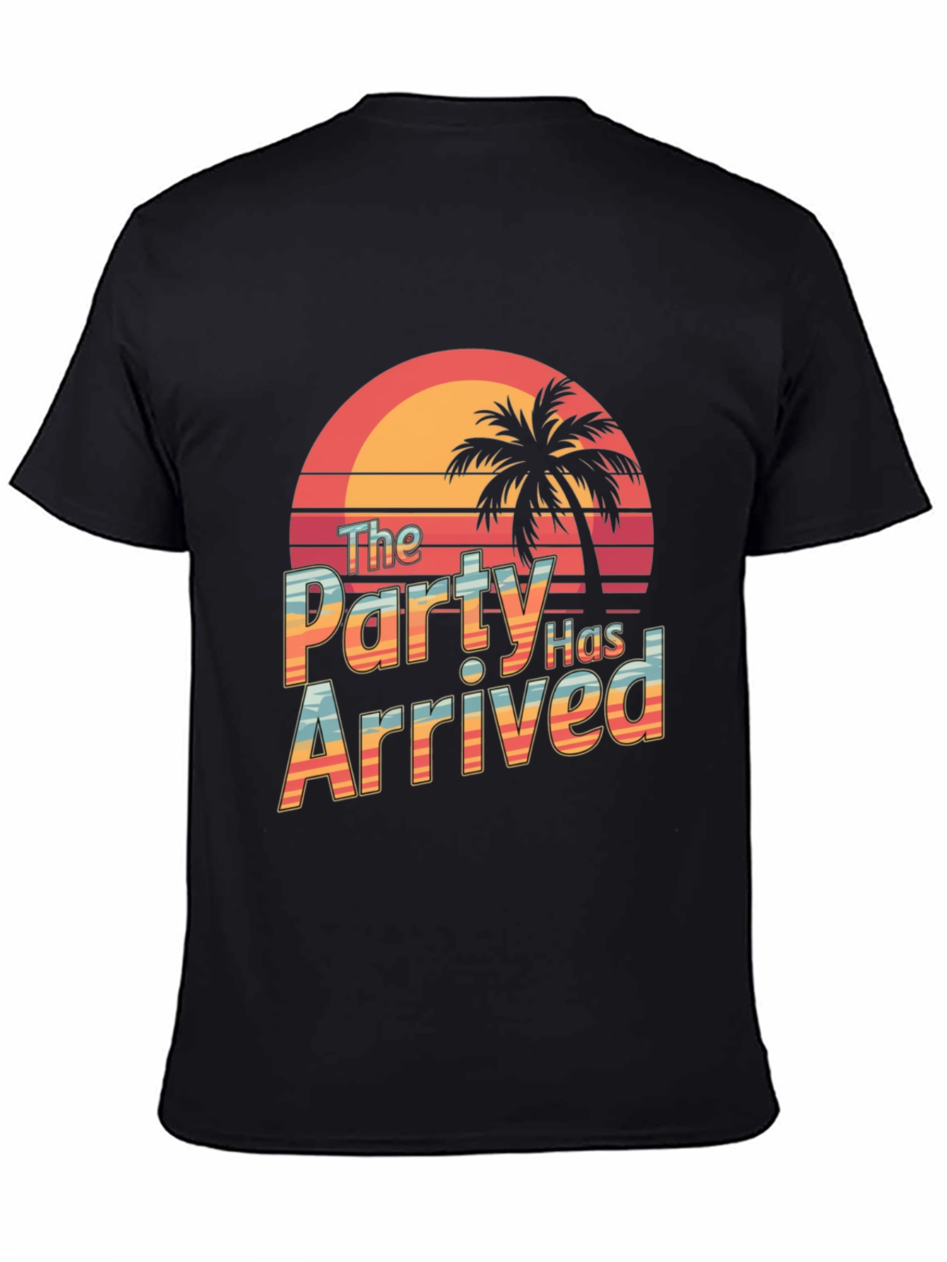 Party Has Arrived Black T-Shirt: Tropical Sunset Design