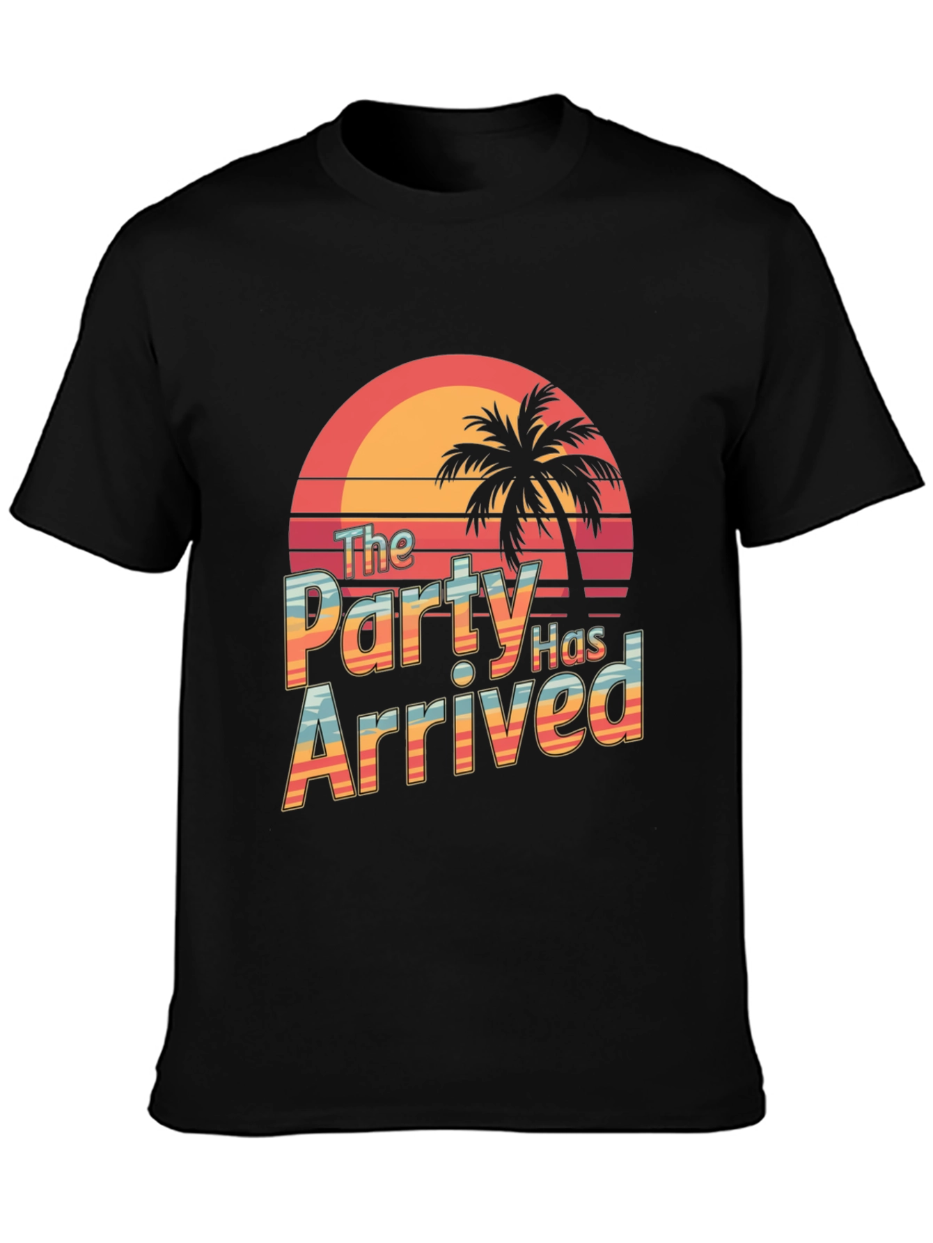 Party Has Arrived Black T-Shirt: Tropical Sunset Design