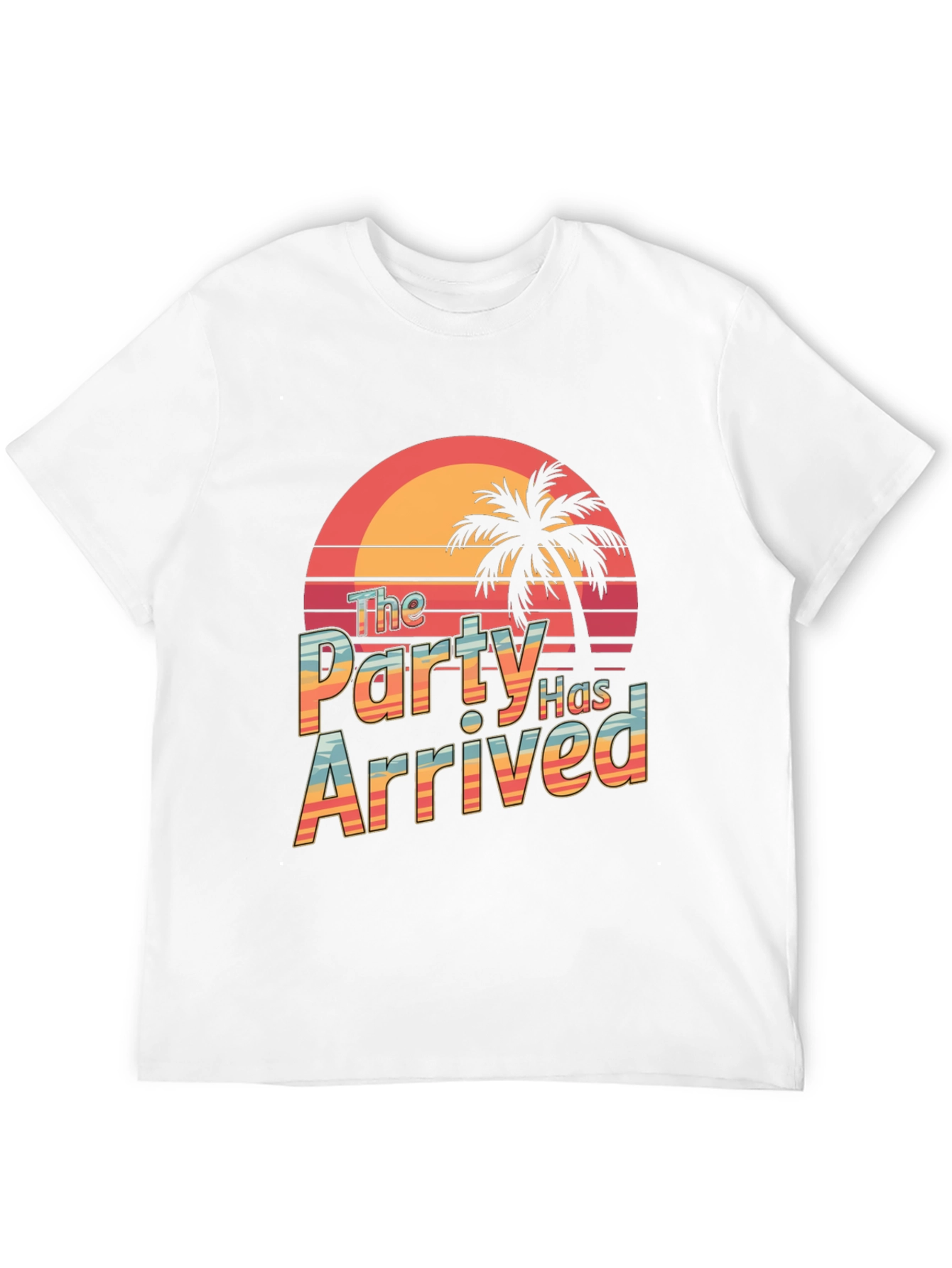 Party Has Arrived Black T-Shirt: Tropical Sunset Design