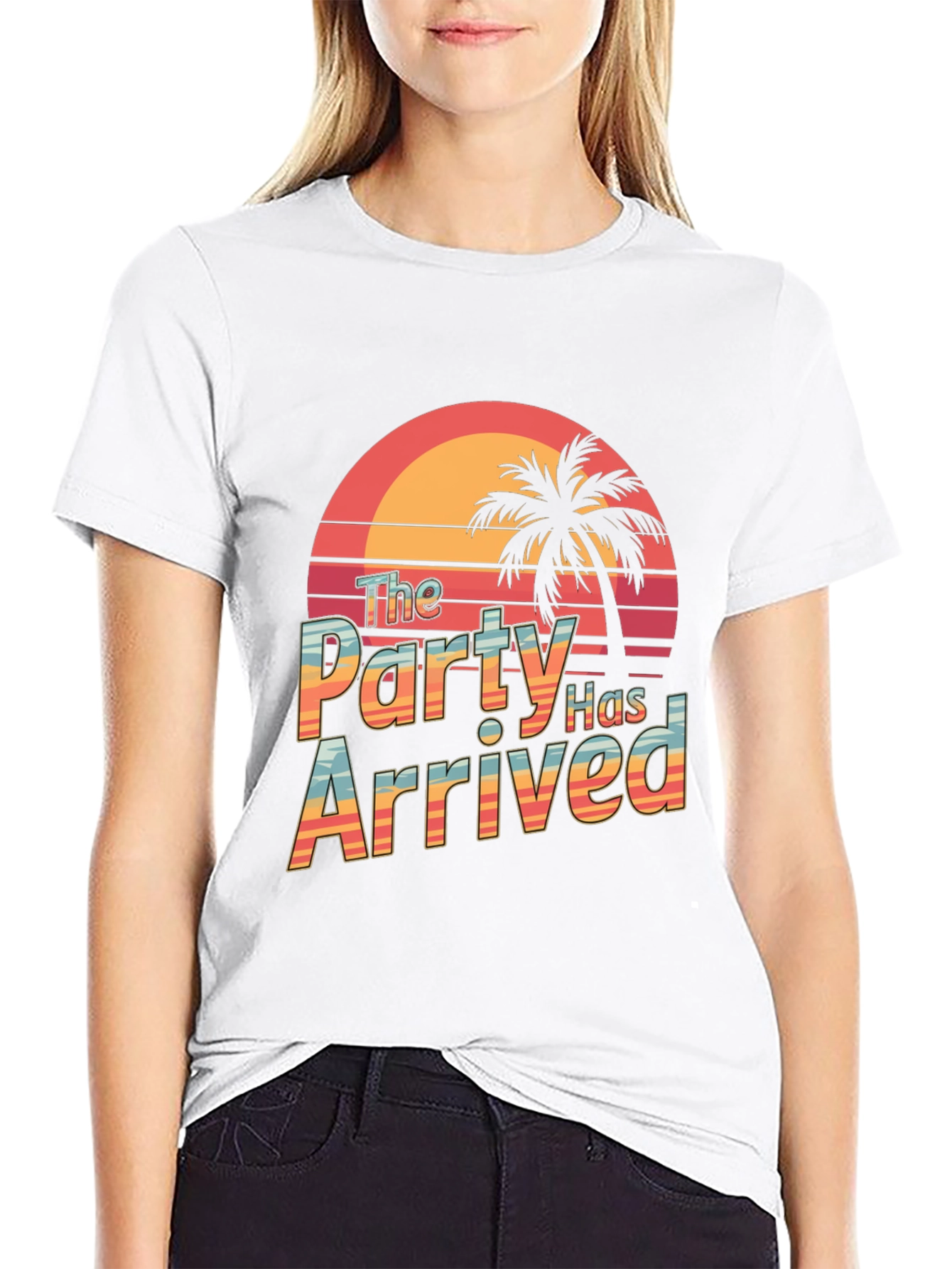 Party Has Arrived Black T-Shirt: Tropical Sunset Design