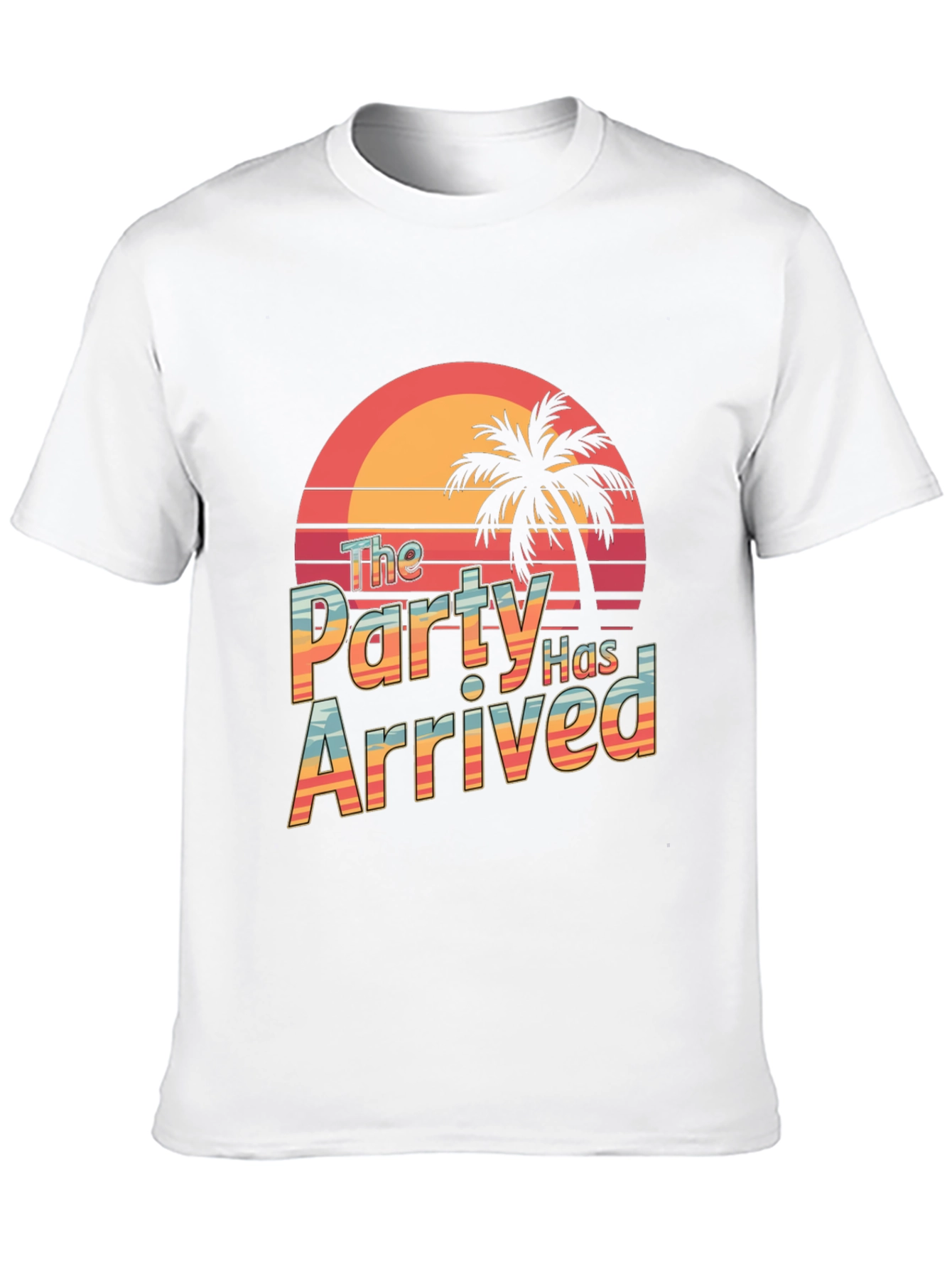 Party Has Arrived Black T-Shirt: Tropical Sunset Design