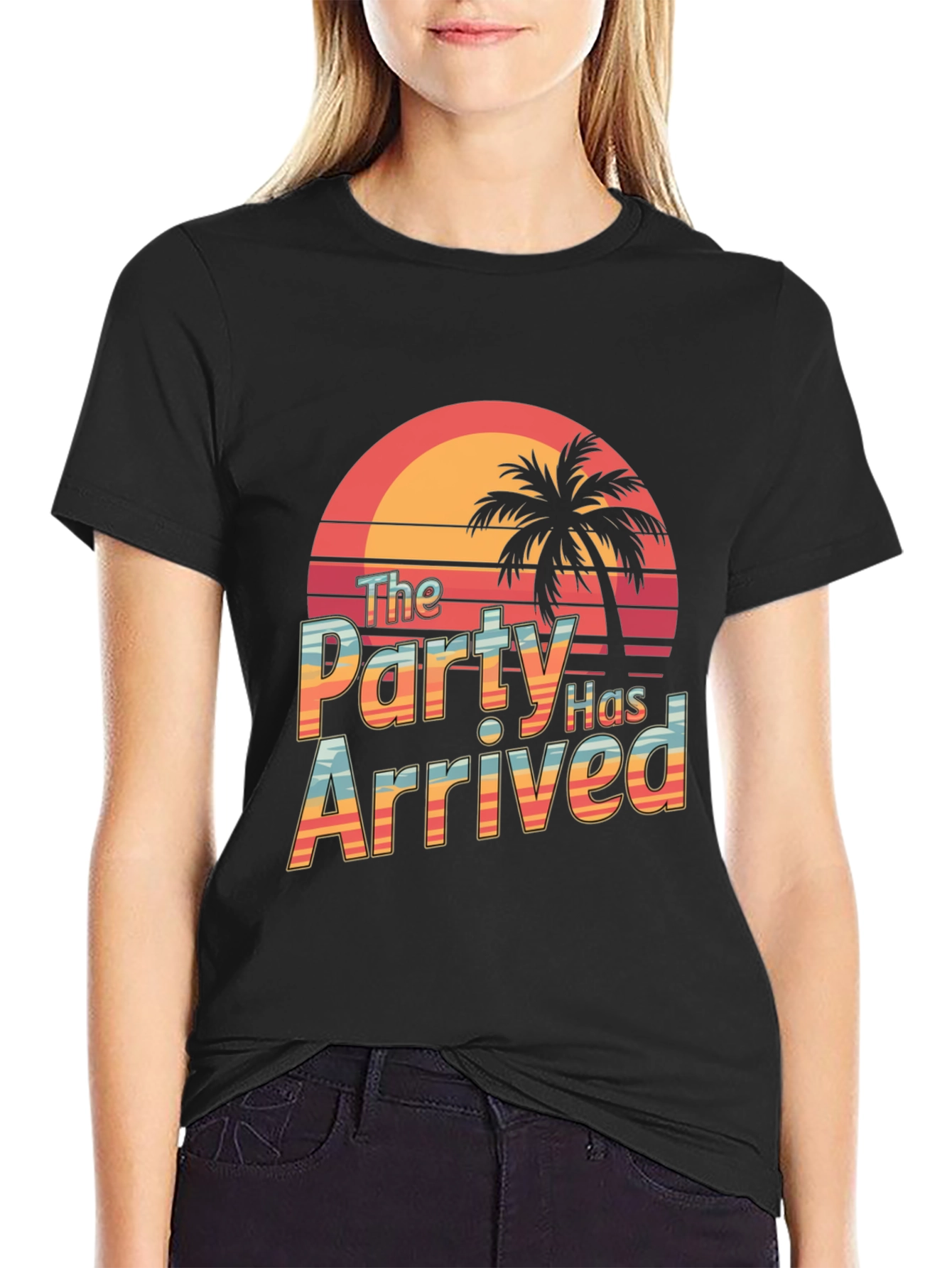 Party Has Arrived Black T-Shirt: Tropical Sunset Design