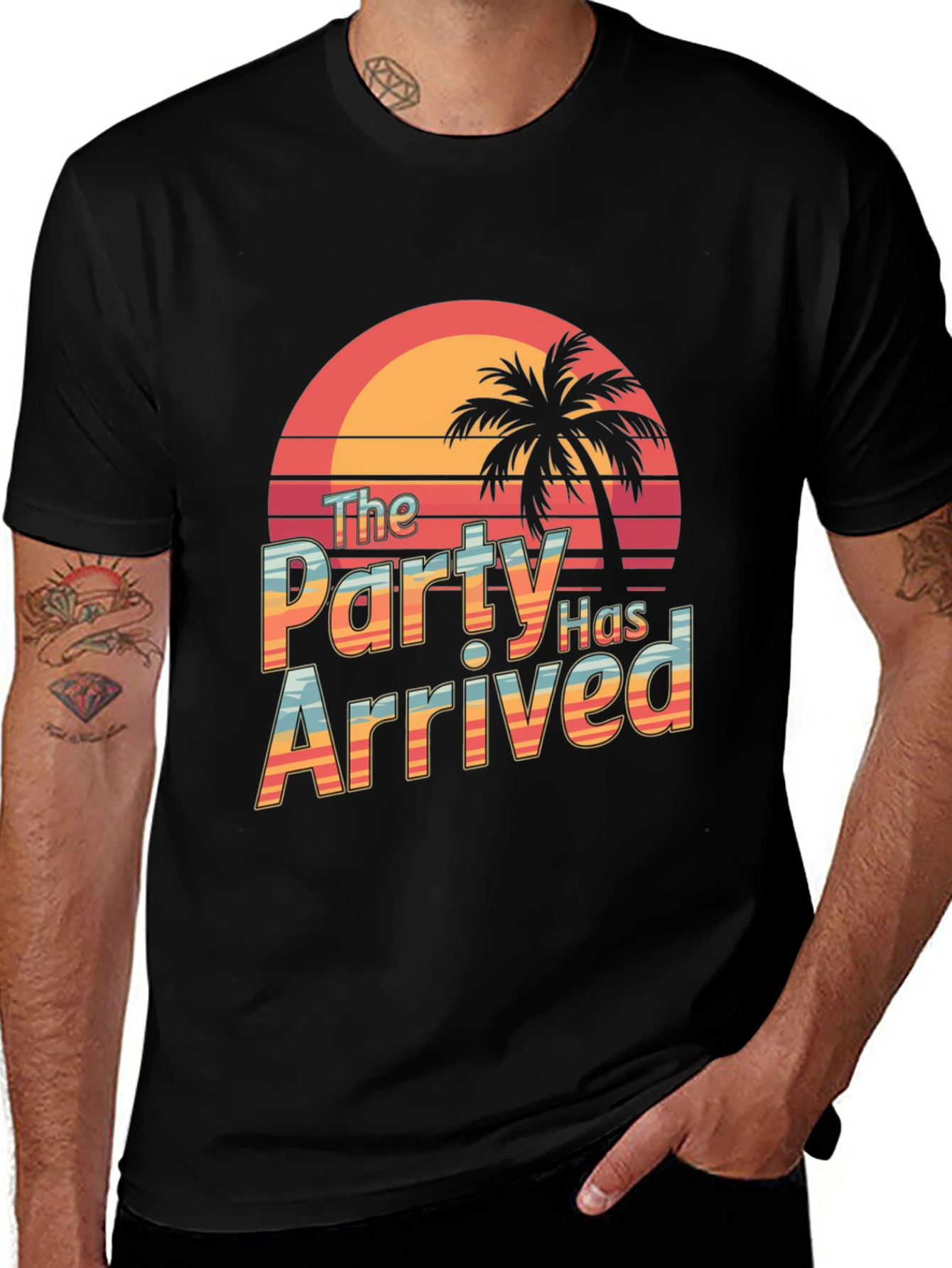 Party Has Arrived Black T-Shirt: Tropical Sunset Design