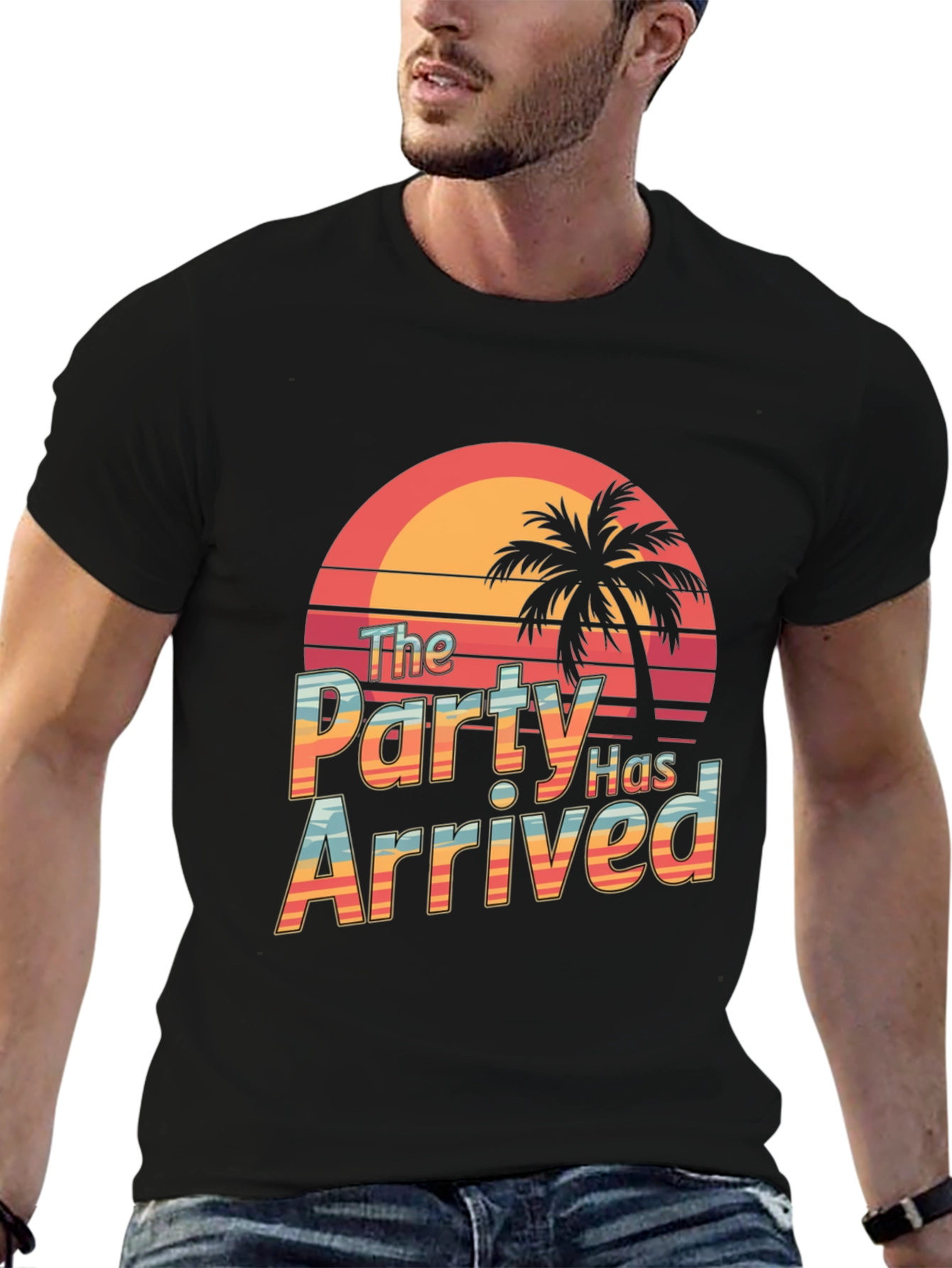 Party Has Arrived Black T-Shirt: Tropical Sunset Design