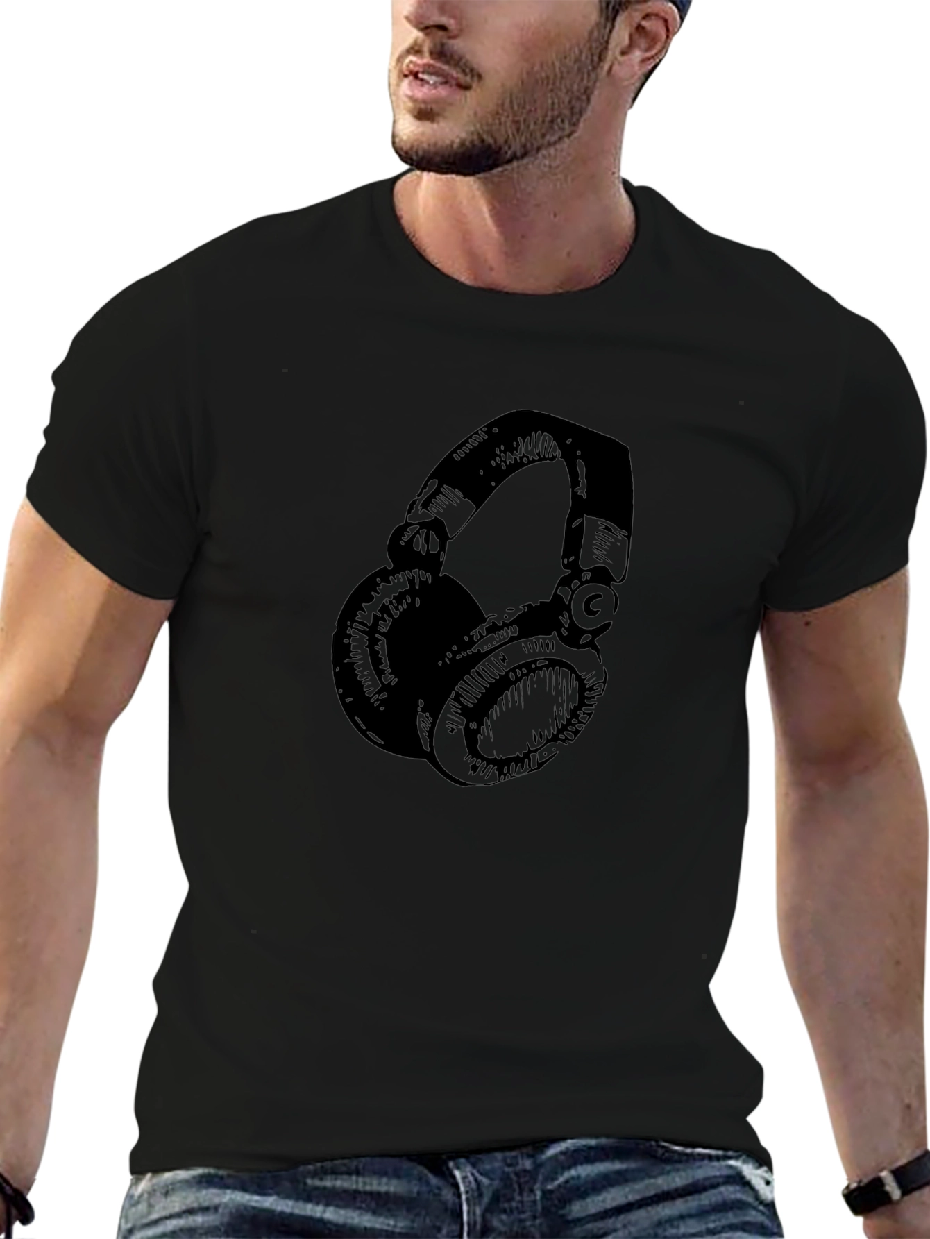 Black Graphic Tee - Headphones Design