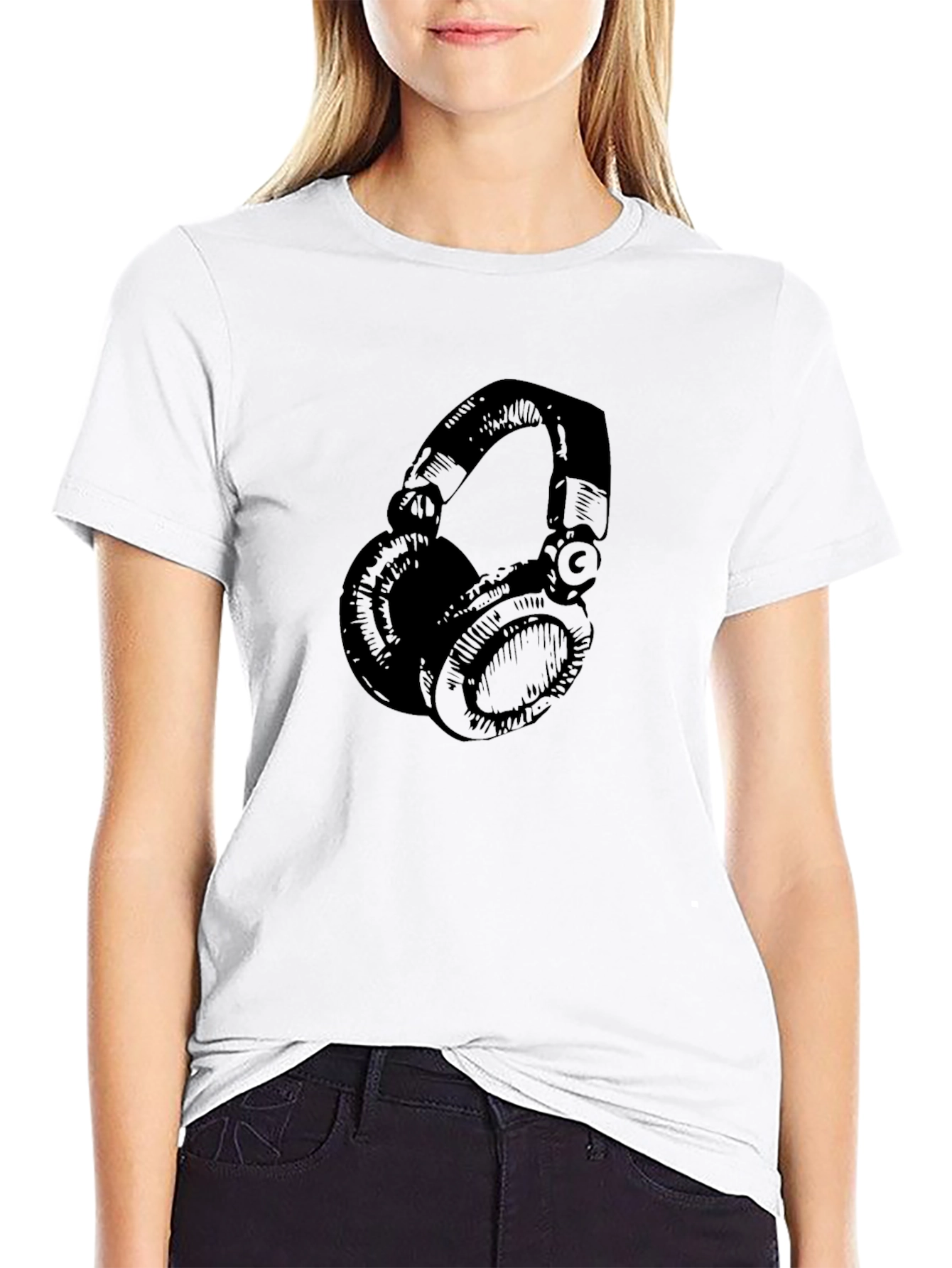 Black Graphic Tee - Headphones Design