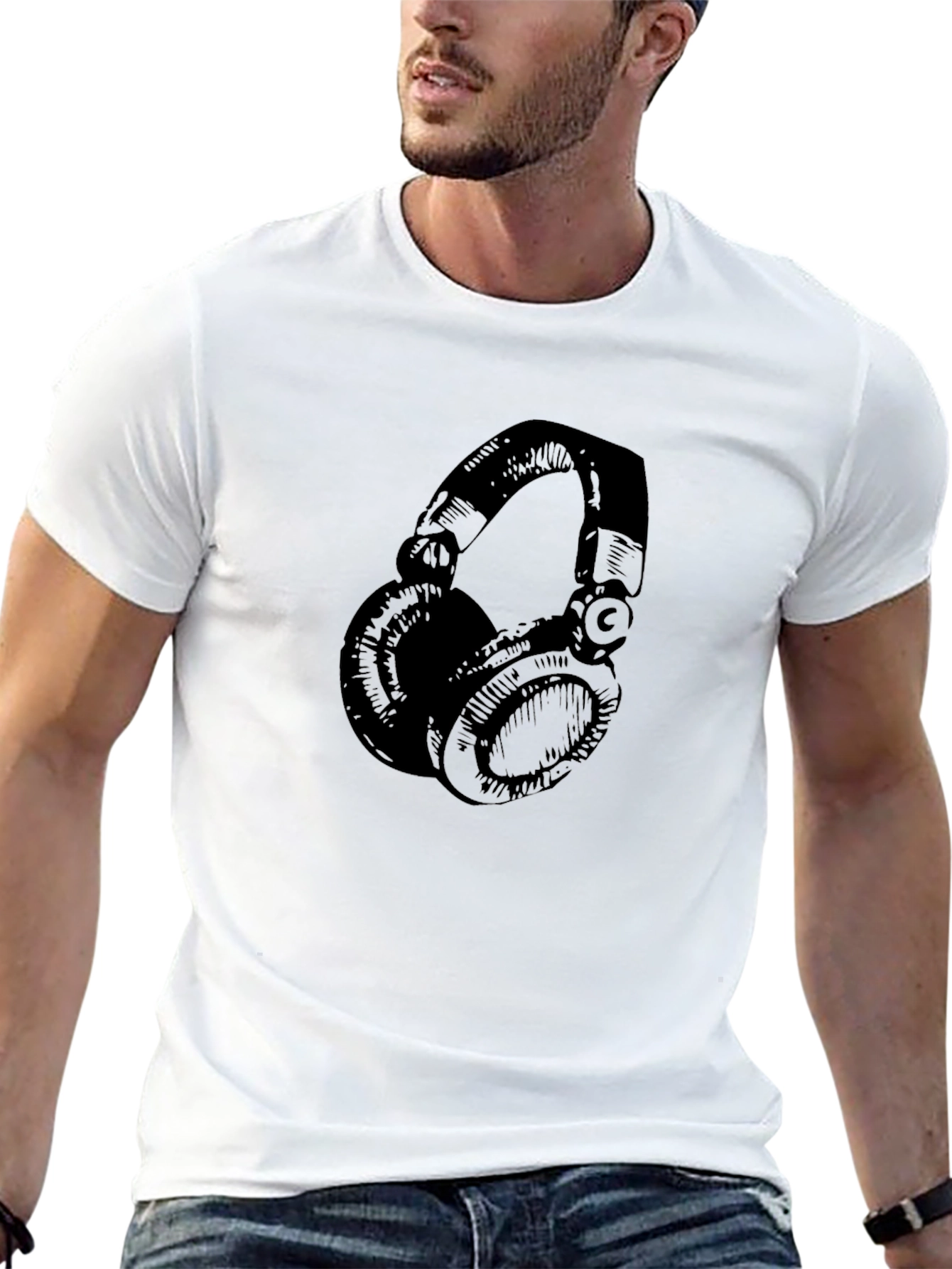 Black Graphic Tee - Headphones Design
