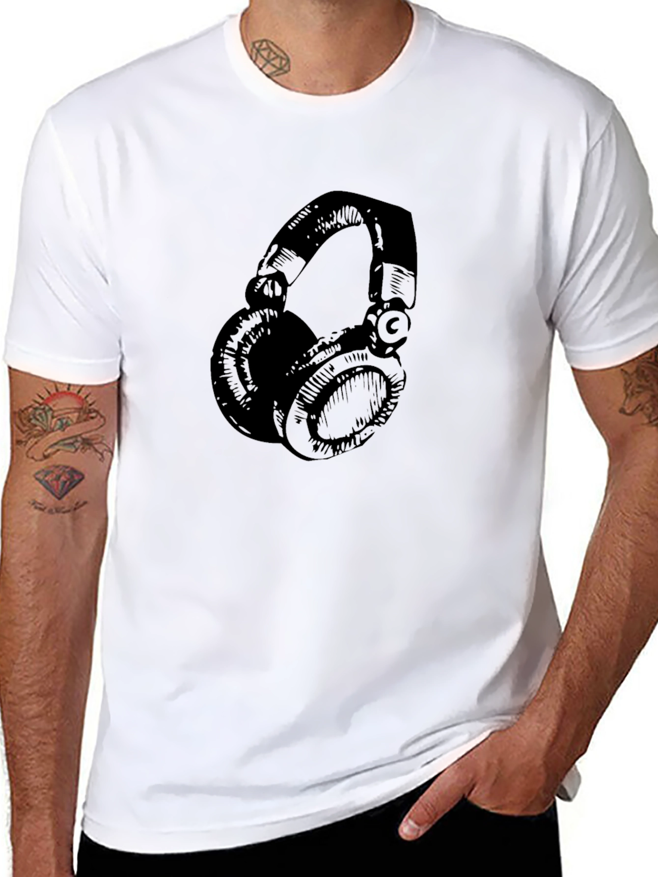 Black Graphic Tee - Headphones Design