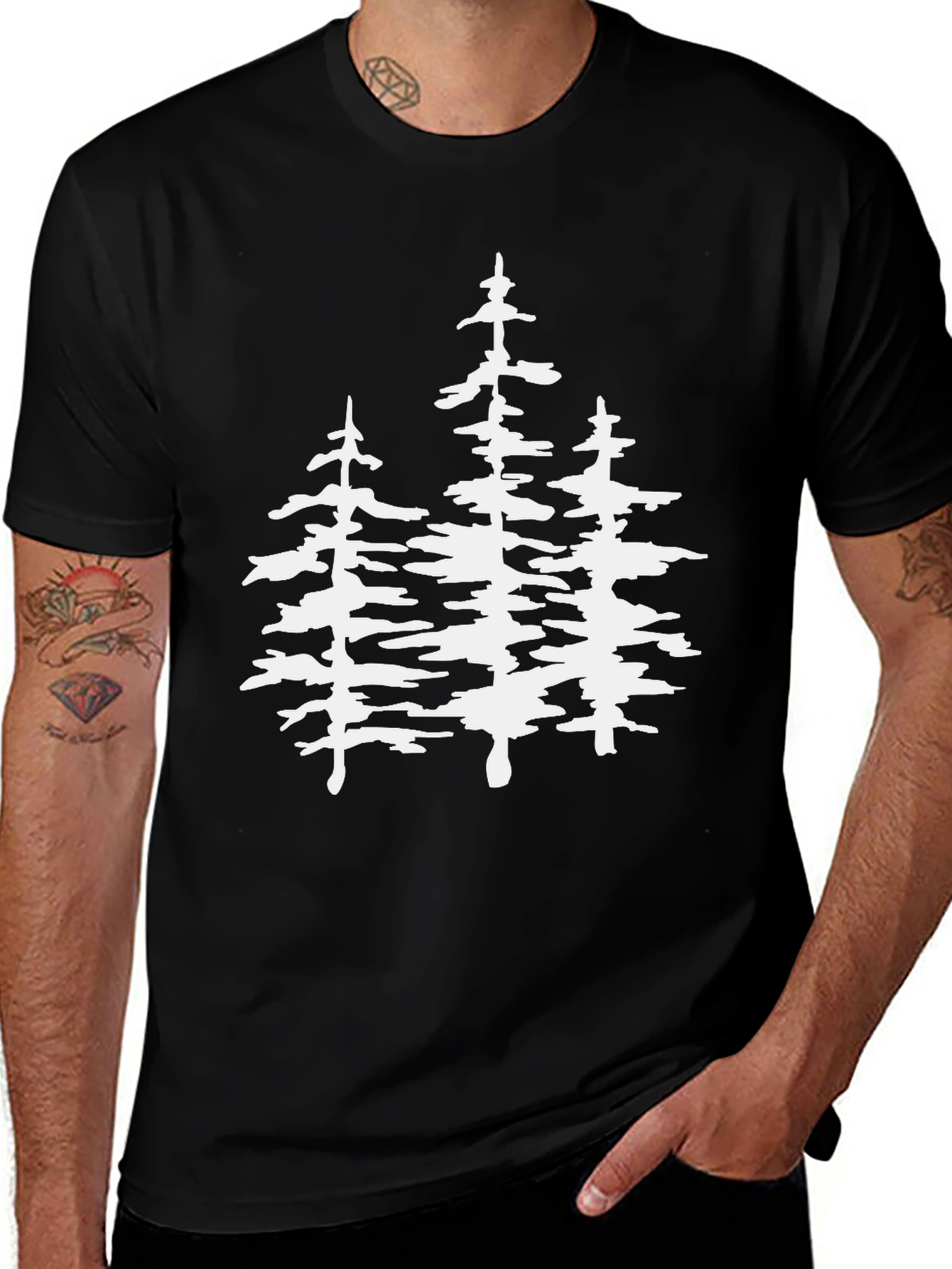 Black T-Shirt with White Pine Tree Graphic