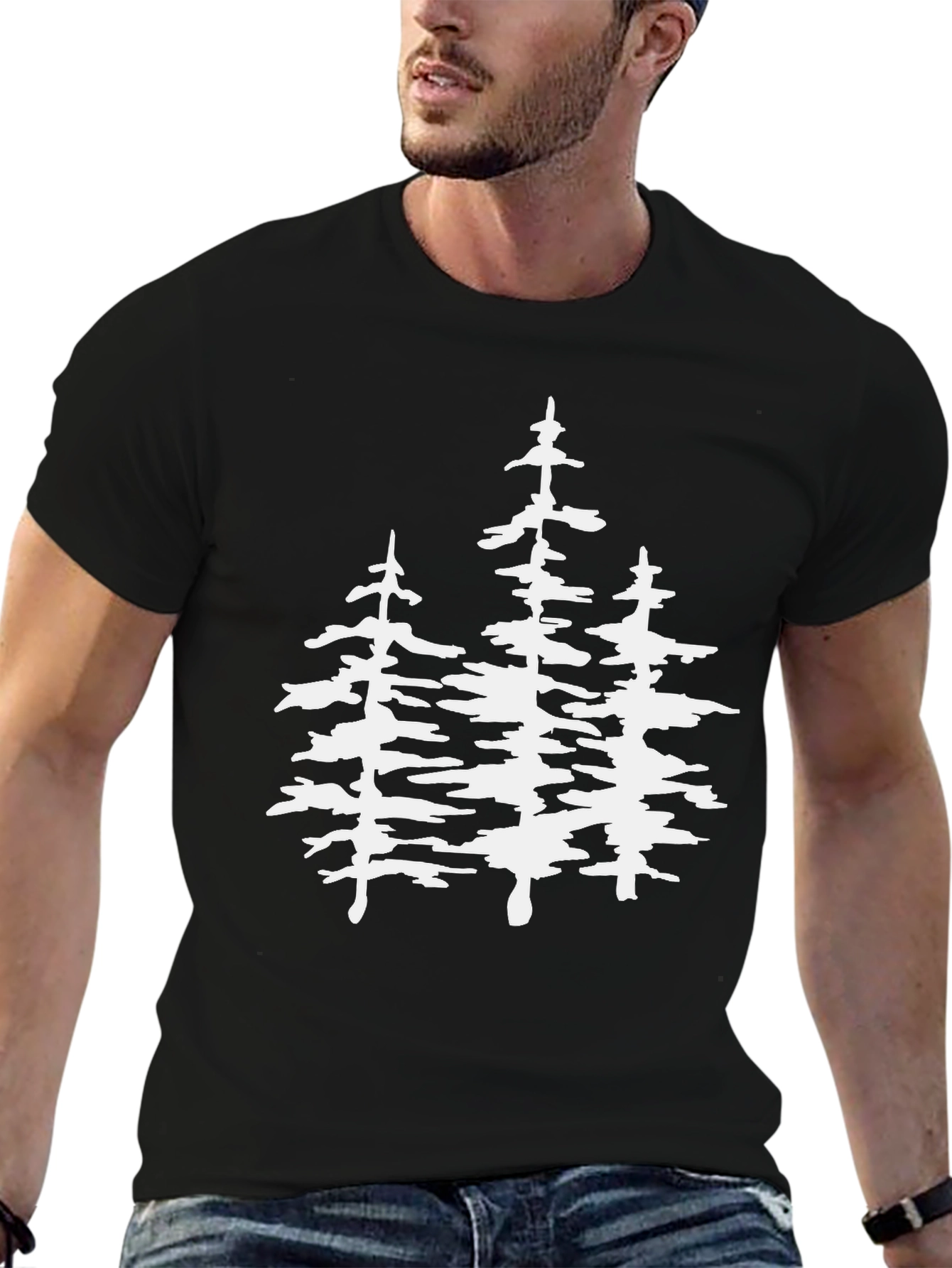 Black T-Shirt with White Pine Tree Graphic