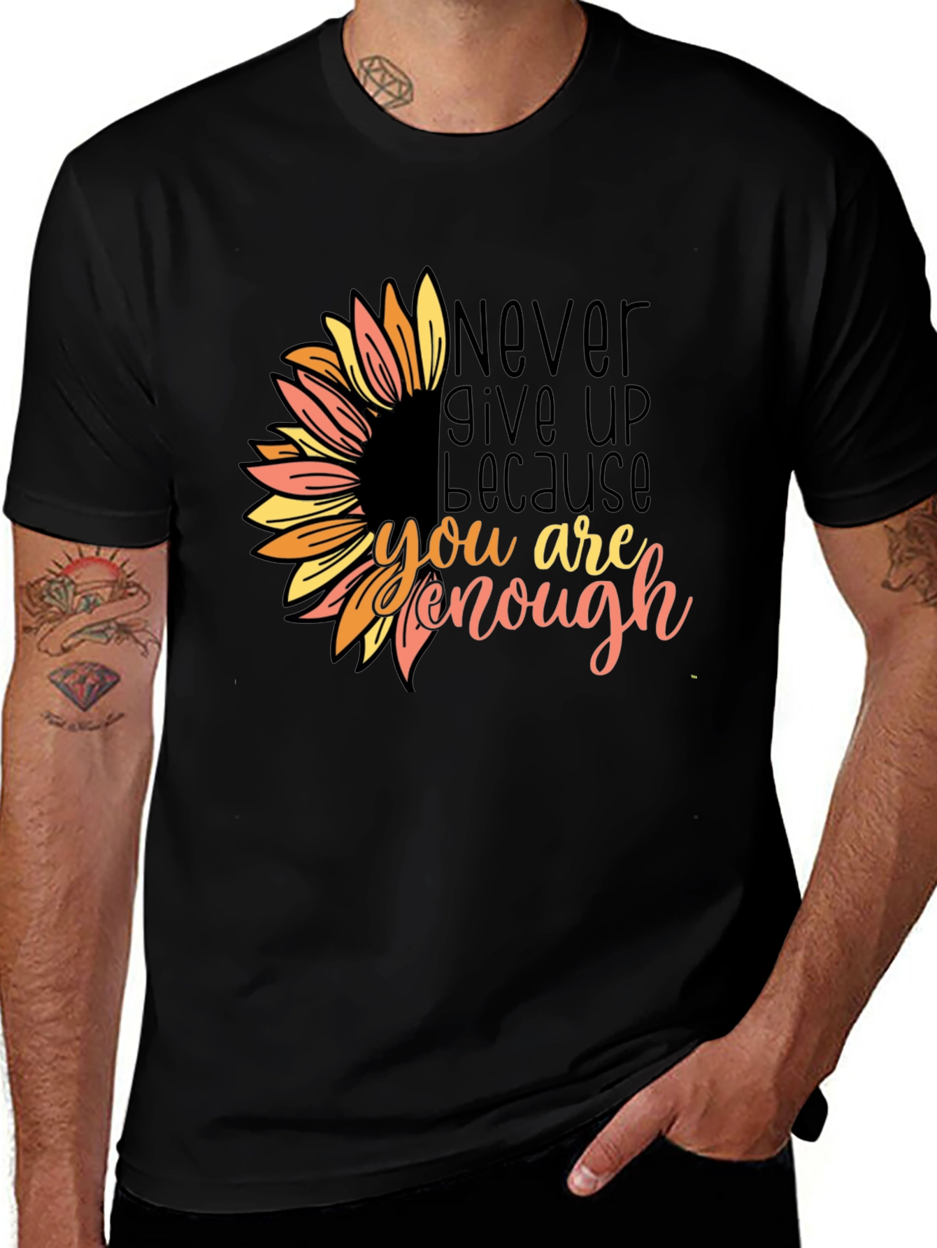 Inspirational Sunflower Graphic Tee - Never Give Up