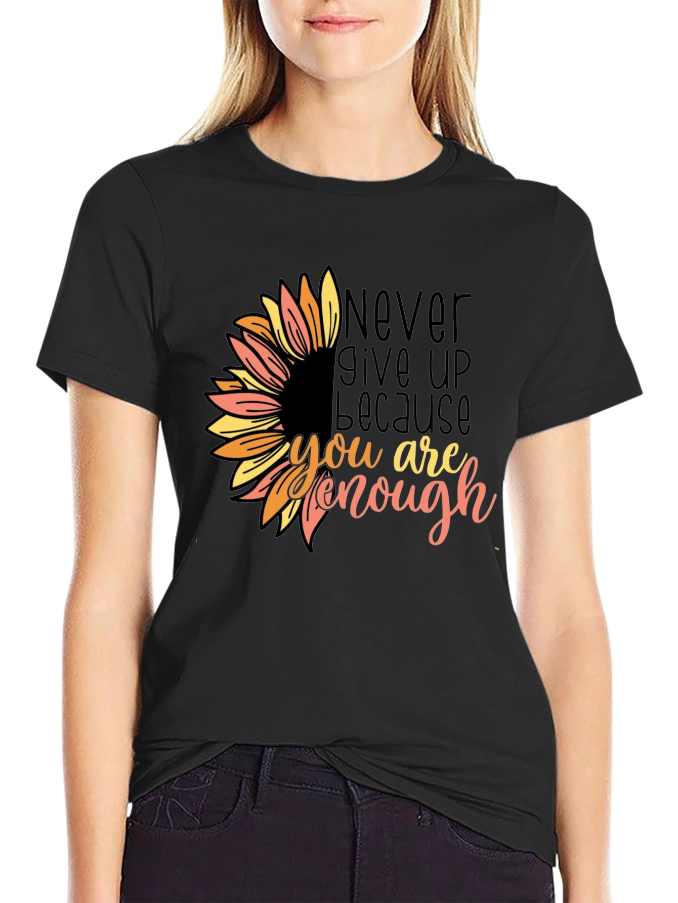 Inspirational Sunflower Graphic Tee - Never Give Up