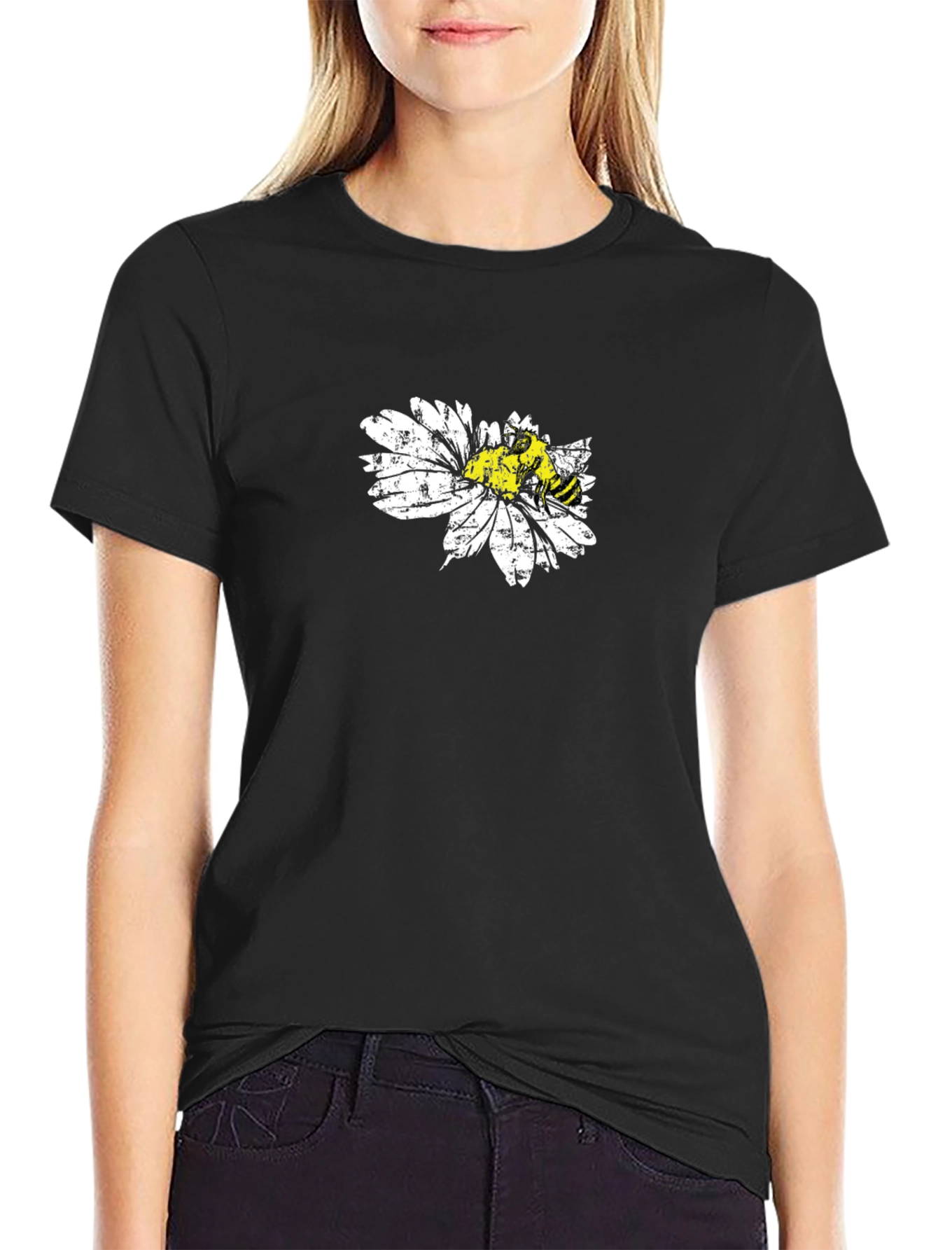Bee on Daisy Black T-Shirt Graphic Tee