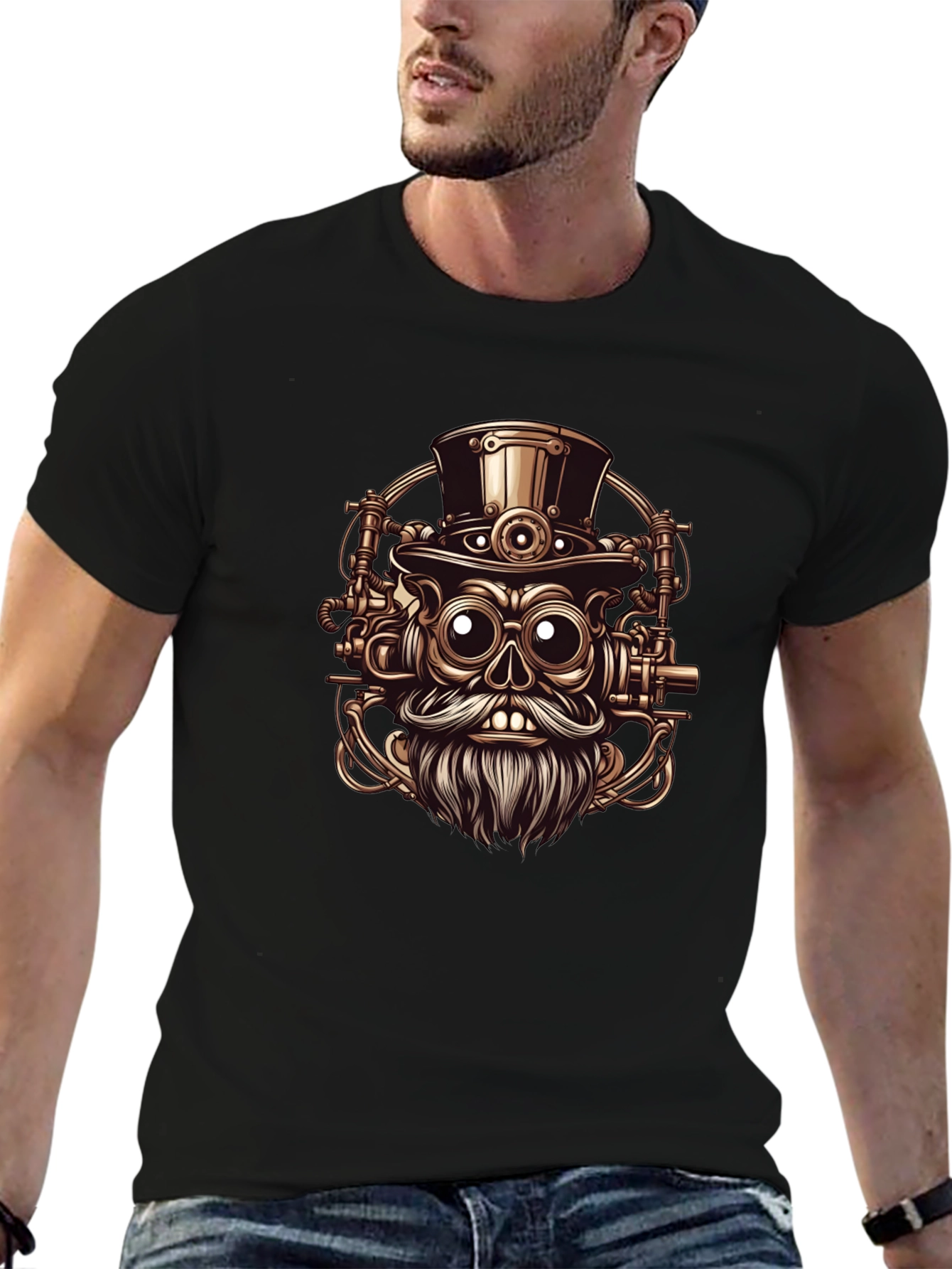 Steampunk Skull Graphic Tee - Black Cotton T-Shirt