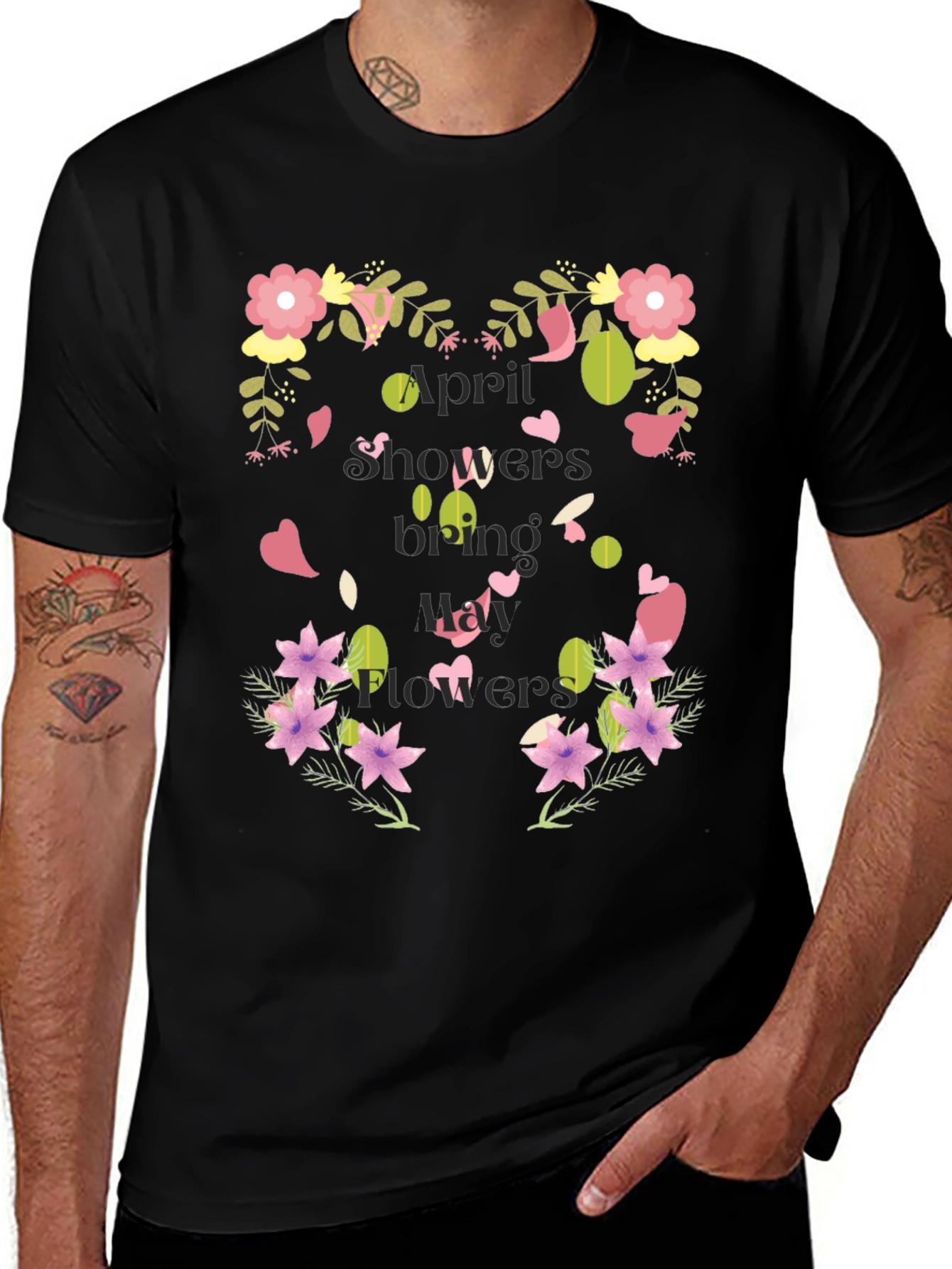 Floral April Showers Mens Black T-Shirt