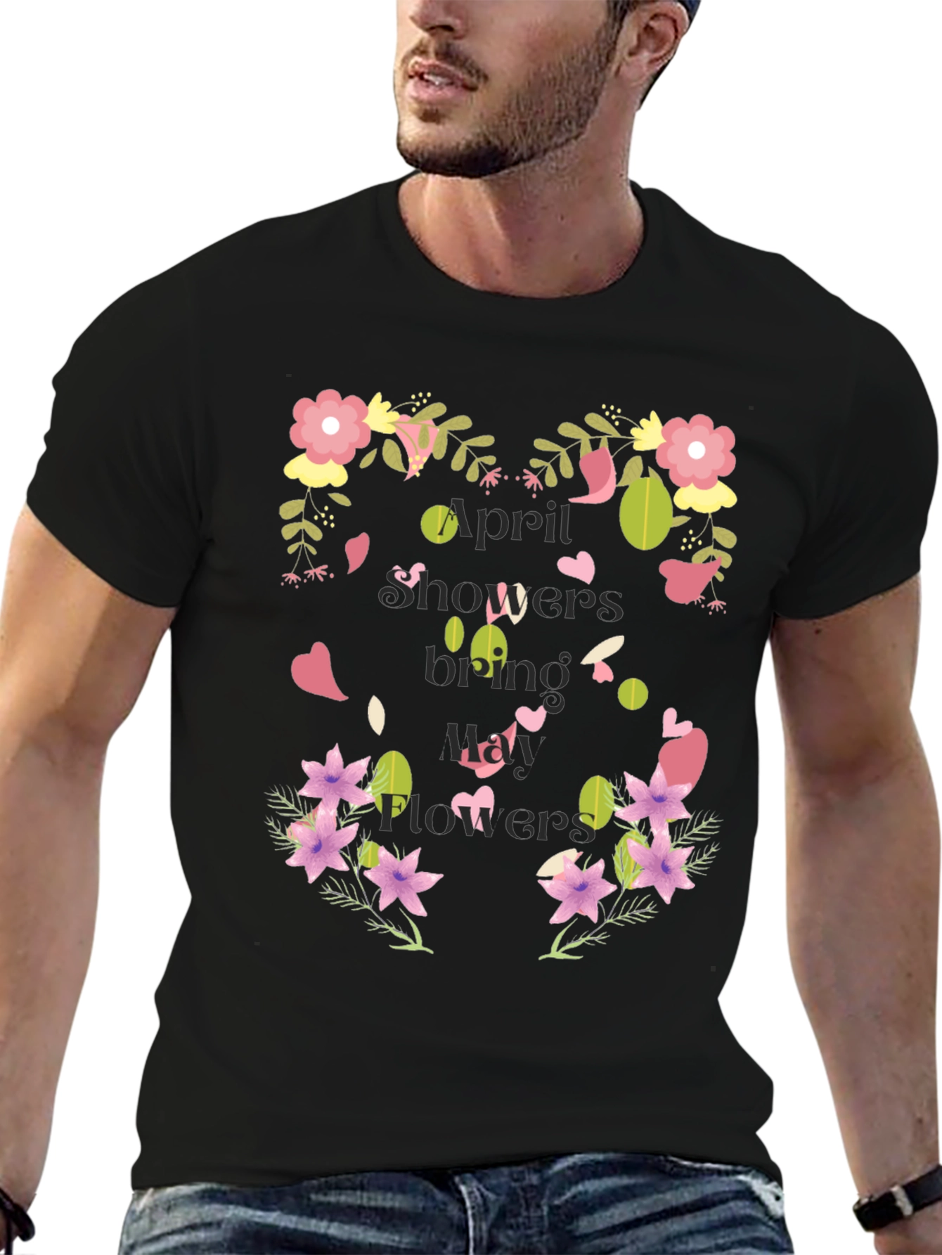 Floral April Showers Mens Black T-Shirt
