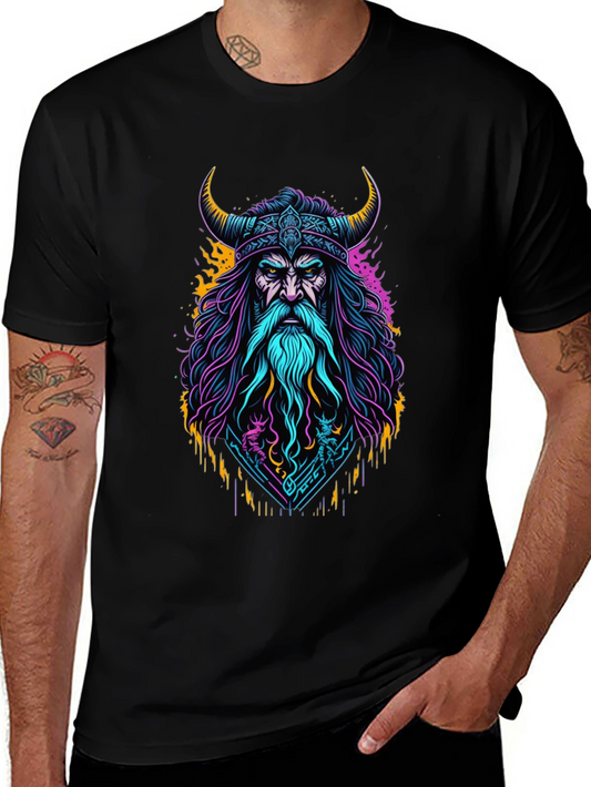 Viking Warrior Graphic Tee - Bold Neon Design